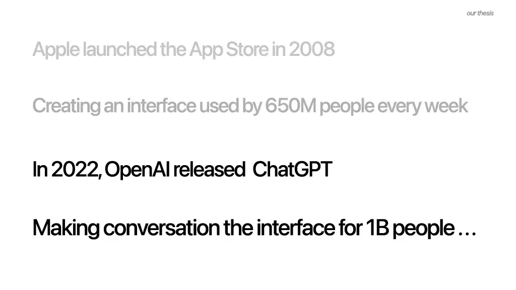 our thesis

Apple launched the App Store in 2008
Creating an interface used by 650M people every week

In 2022, OpenAI released ChatGPT

Making conversation the interface for 1B people