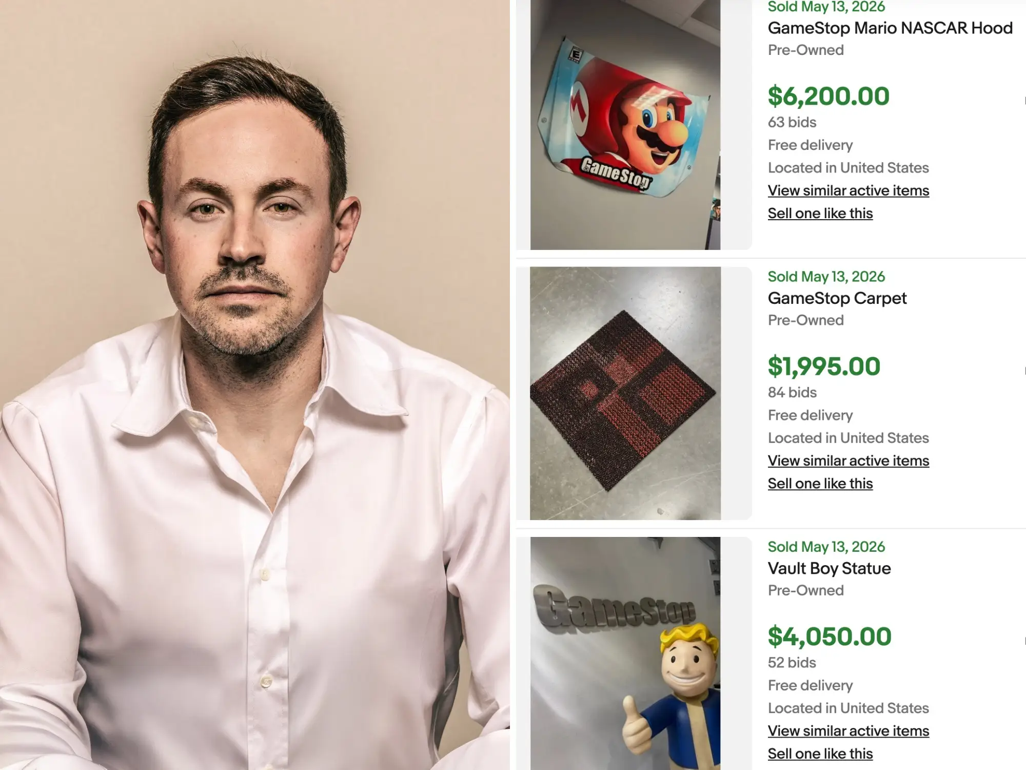 GameStop CEO Ryan Cohen is pictured with his sold eBay listings.