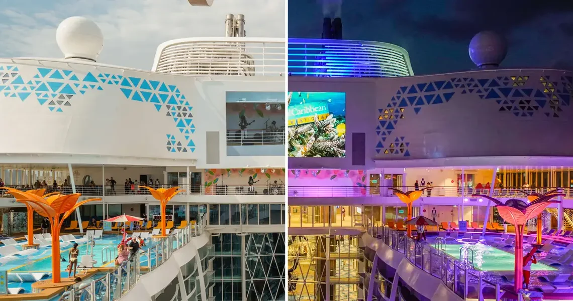 10 side-by-side photos show how a Royal Caribbean cruise ship transforms with colorful lights at night