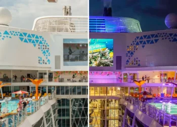 10 side-by-side photos show how a Royal Caribbean cruise ship transforms with colorful lights at night