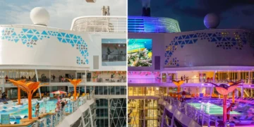 10 side-by-side photos show how a Royal Caribbean cruise ship transforms with colorful lights at night