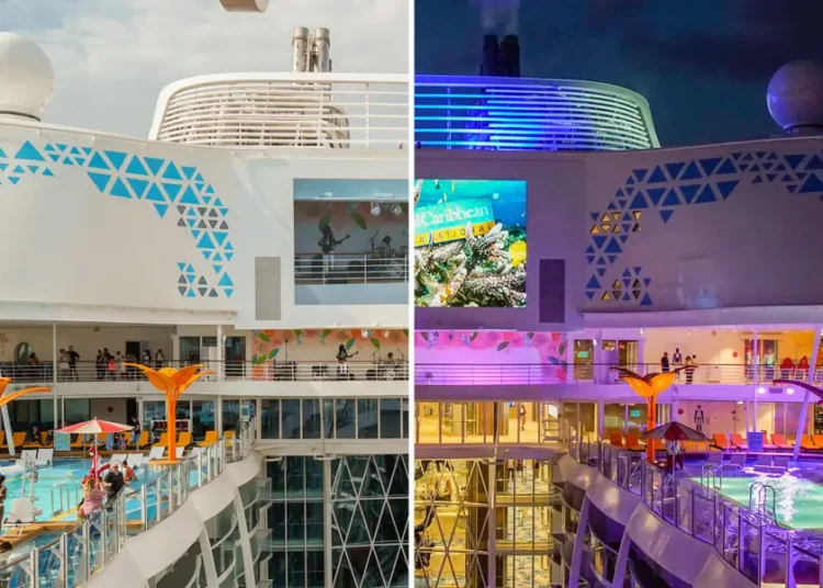 10 side-by-side photos show how a Royal Caribbean cruise ship transforms with colorful lights at night