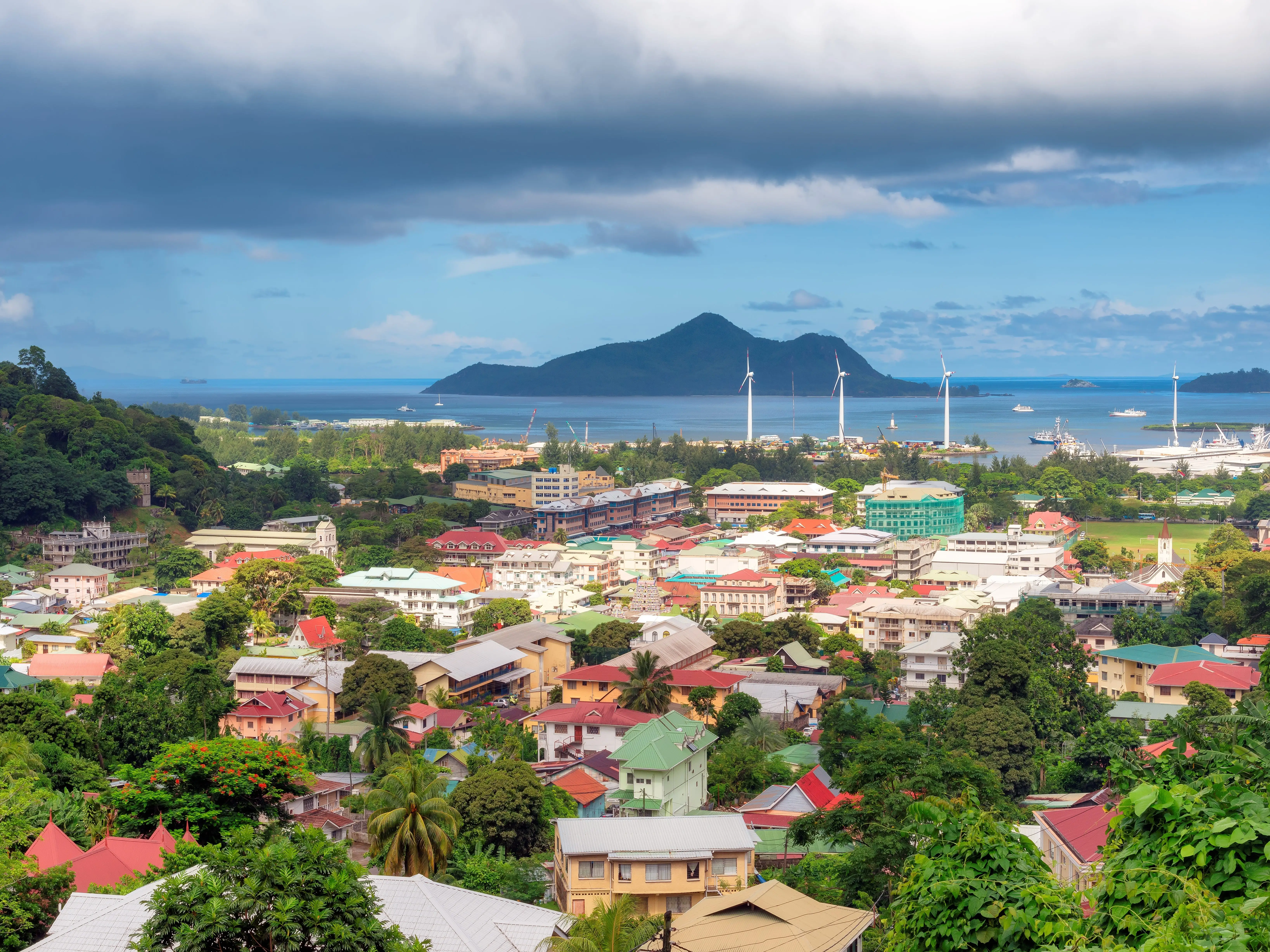 Houses next to the ocean in Victoria, Seychelles.