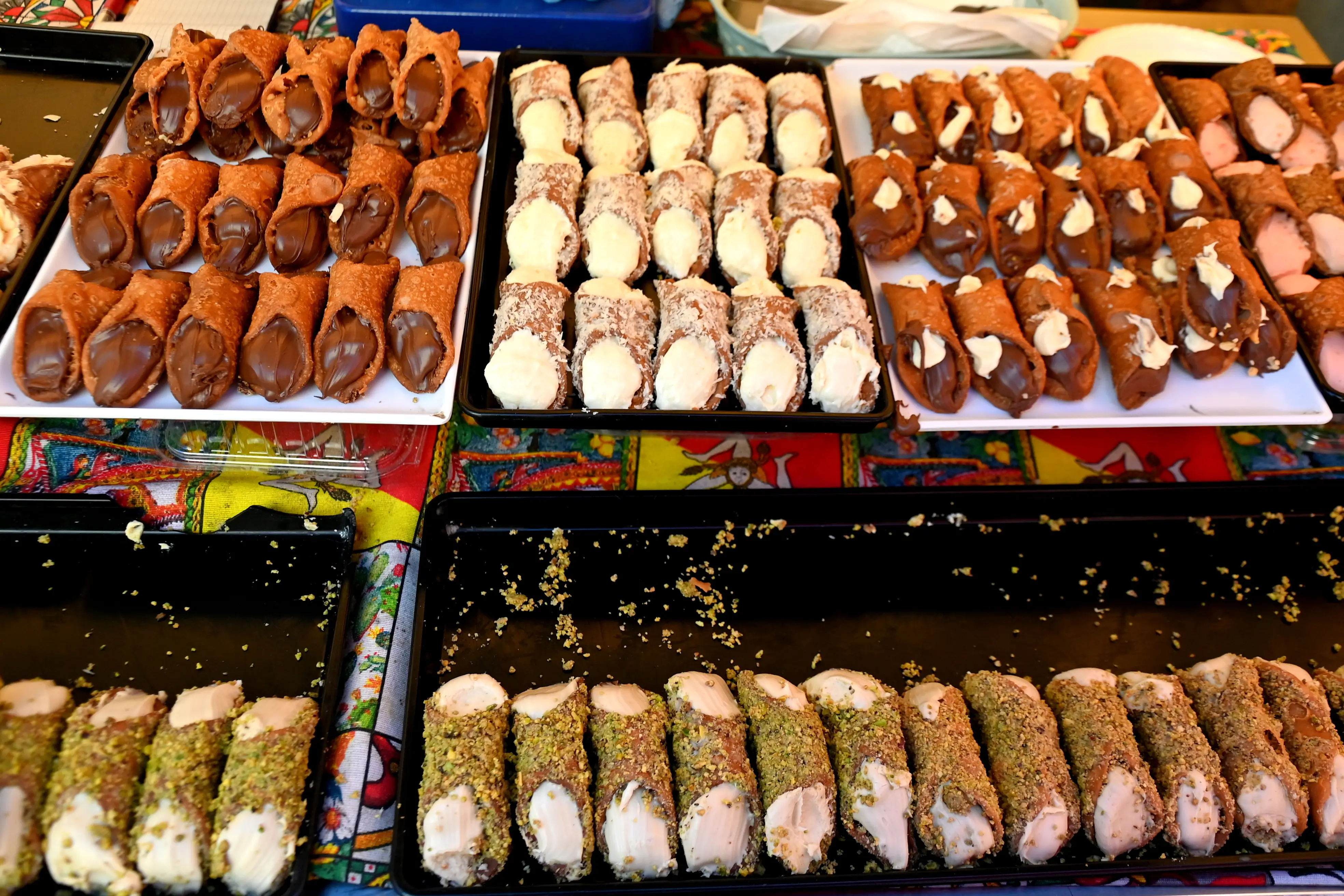 Rows of cannoli in a Palermo market.