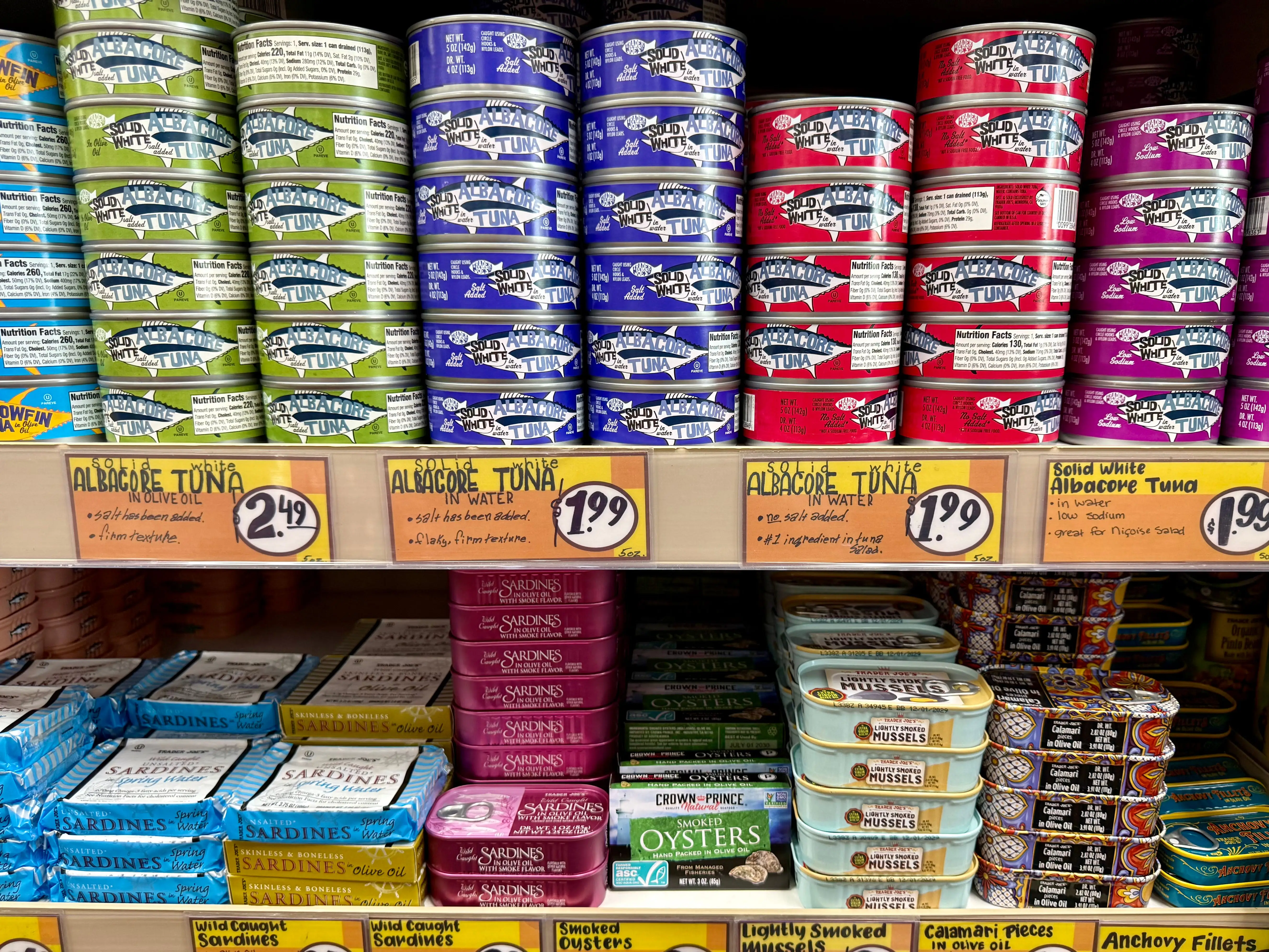 A variety of tinned seafood at Trader Joe's.