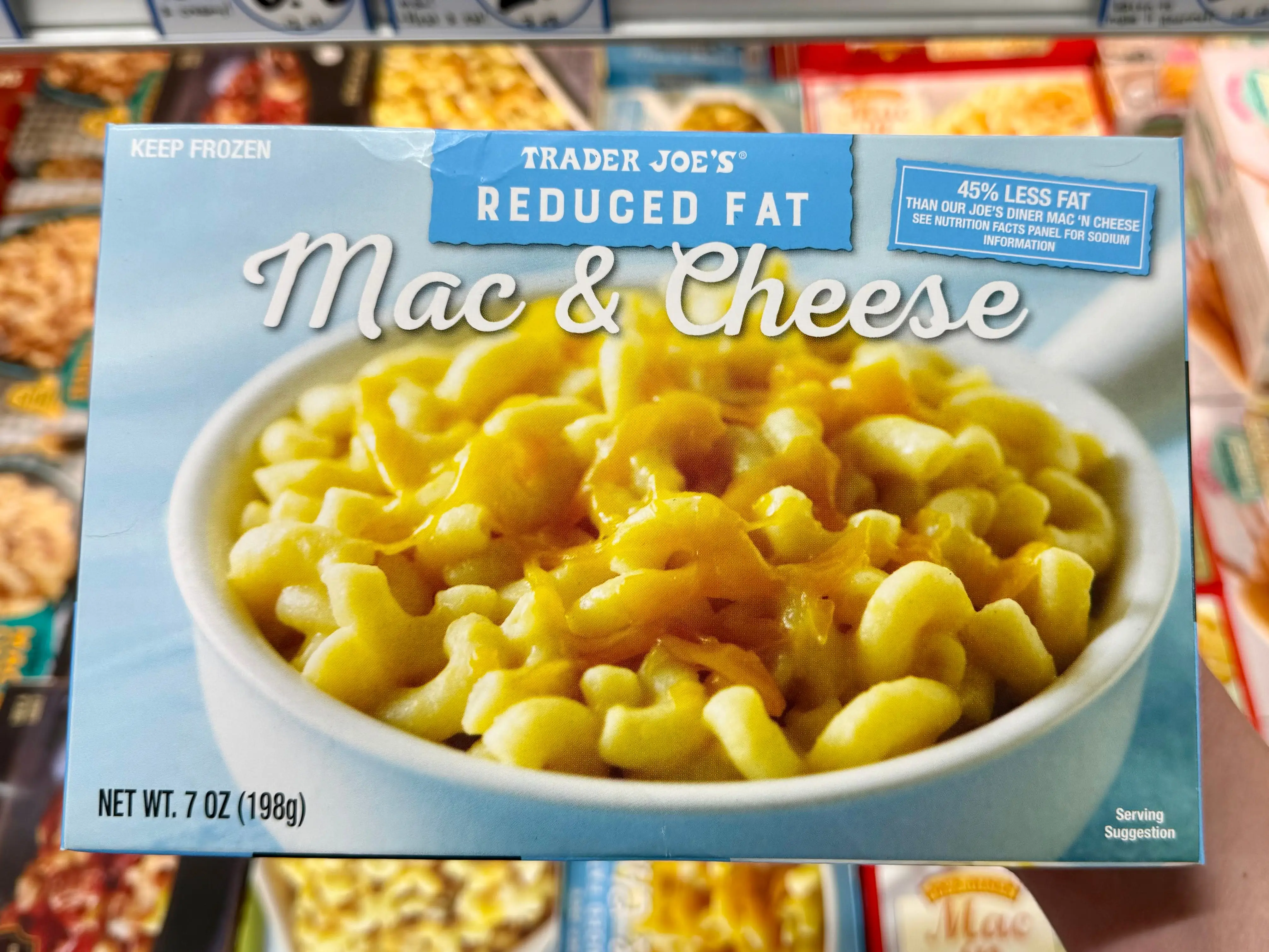 A box of Trader Joe's reduced-fat mac and cheese.