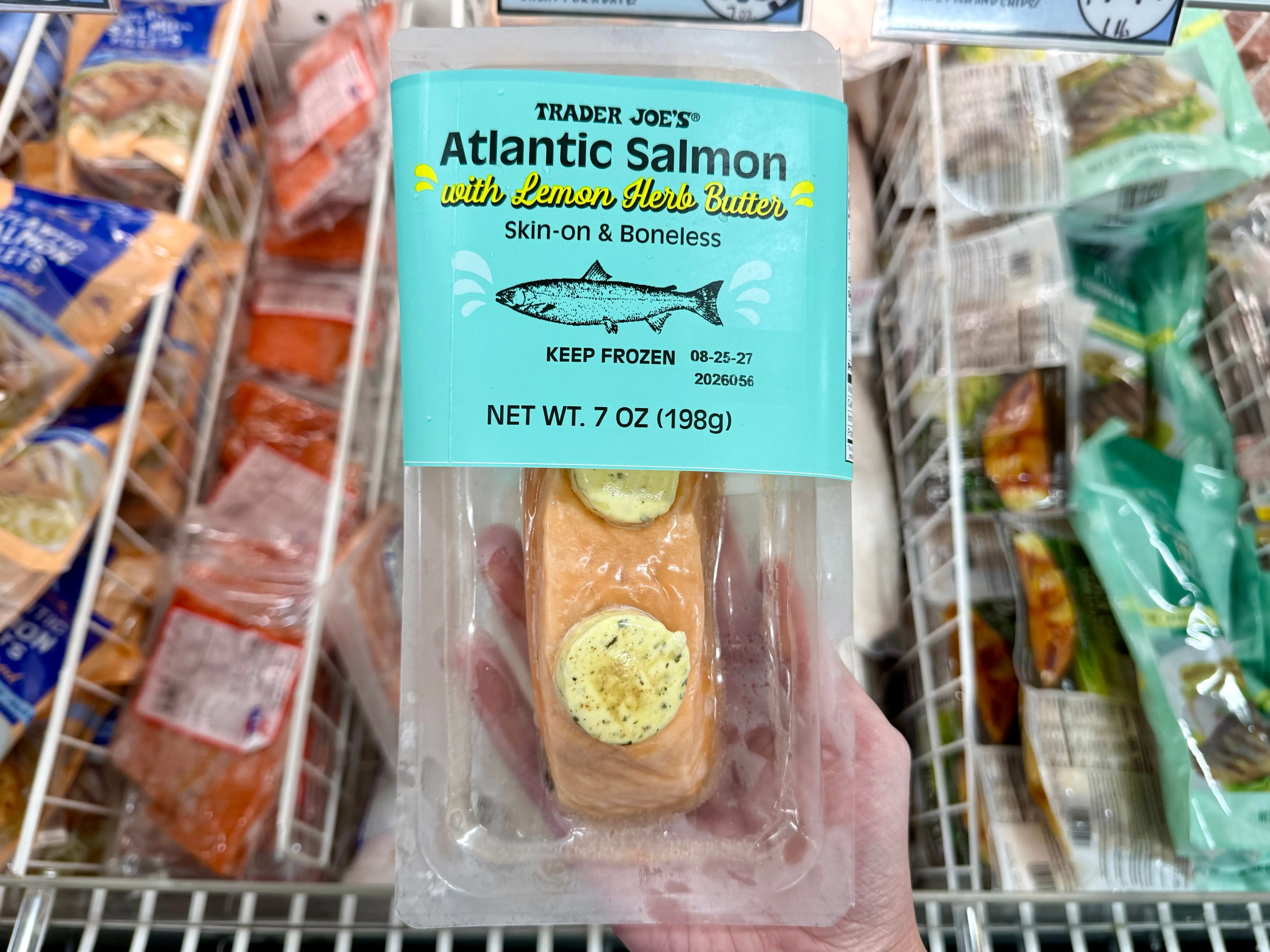 A package of Trader Joe's Atlantic salmon with lemon-herb butter.