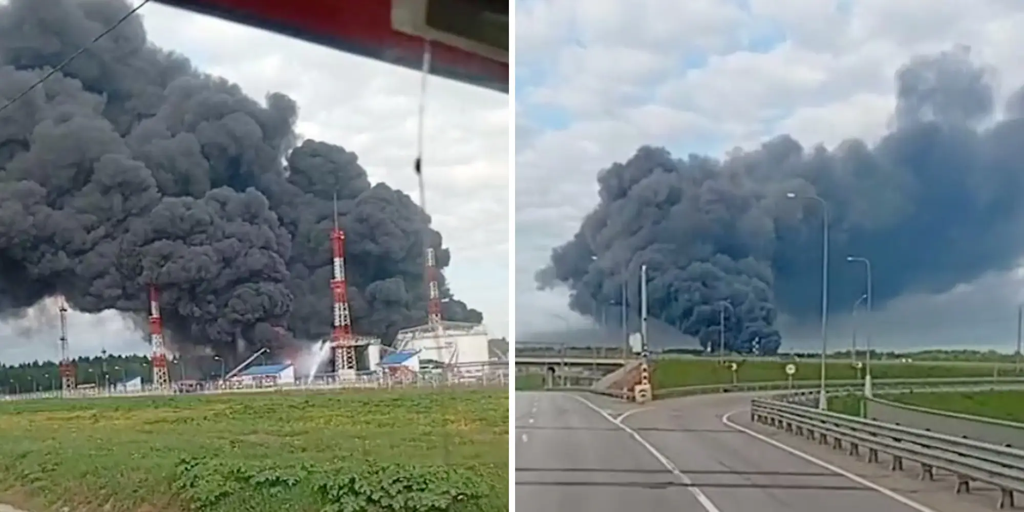 Two angles of smoke billowing from an oil facility in Moscow that came under attack.