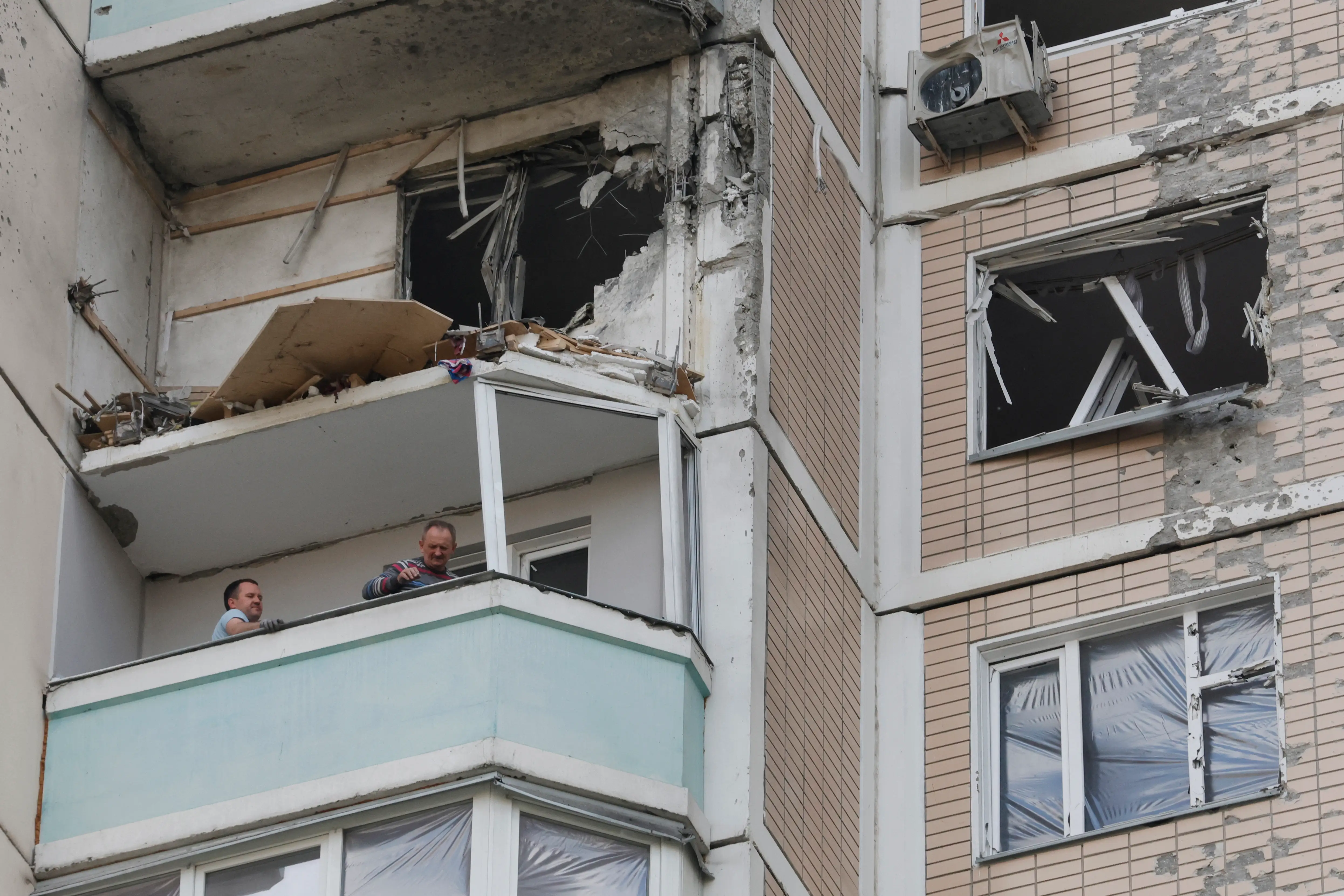 Smashed-in windows and balconies can be seen on this building in Moscow.
