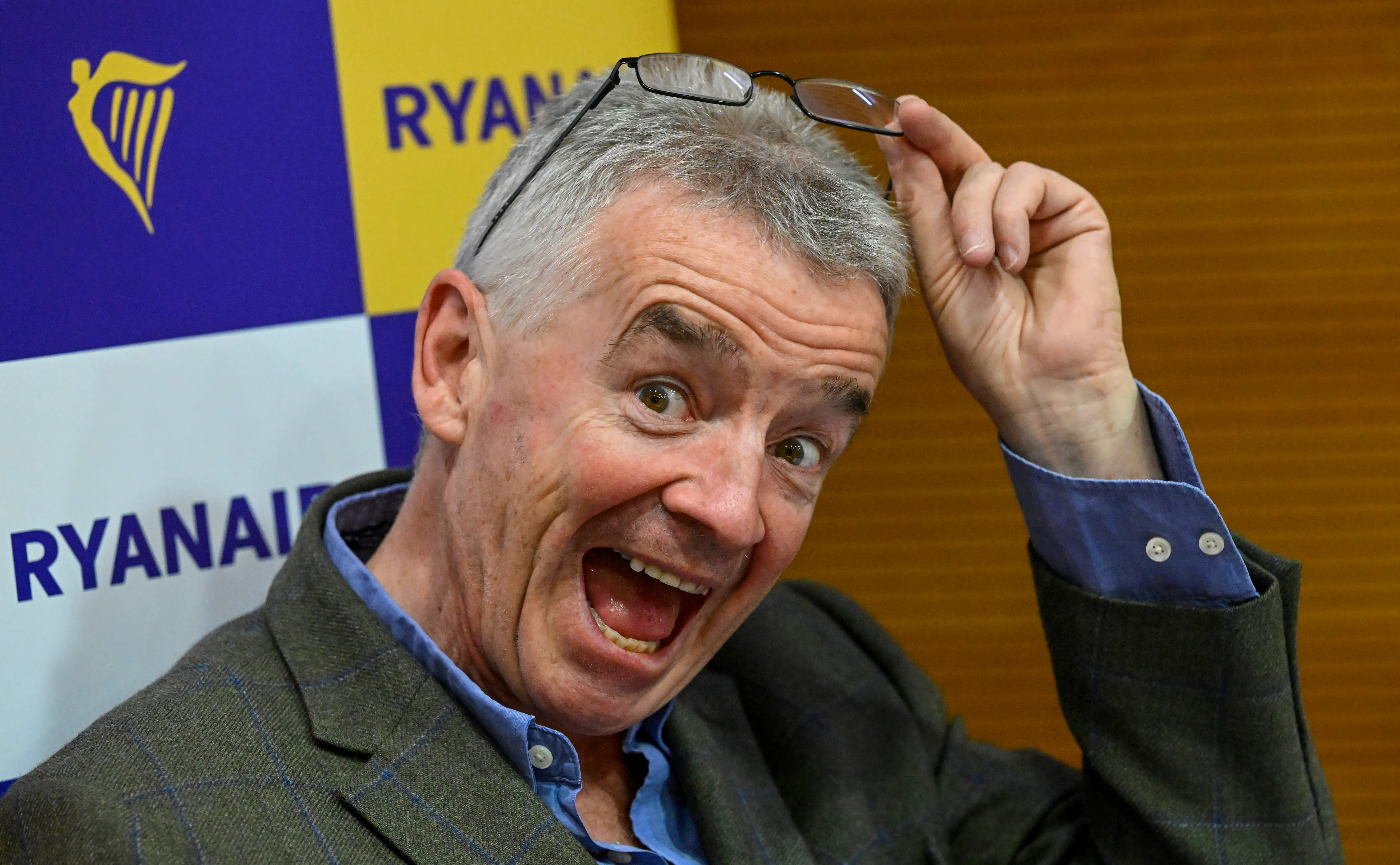 LISBON, PORTUGAL - MAY 25: Ryanair Group CEO Michael O'Leary makes a face during a press conference in Radisson Blu Hotel to announce an increase of summer flights