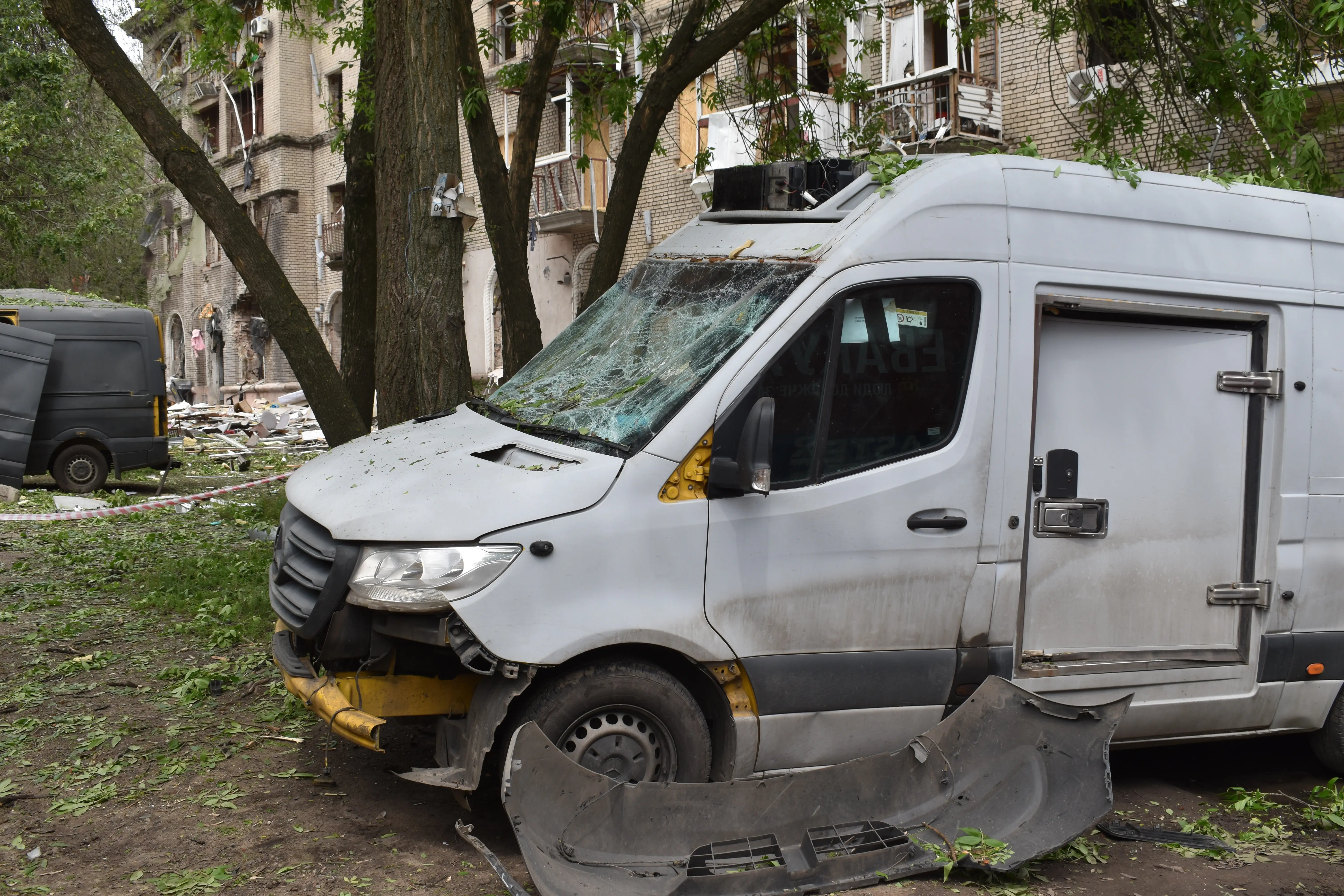 A damaged car in Dnipro.