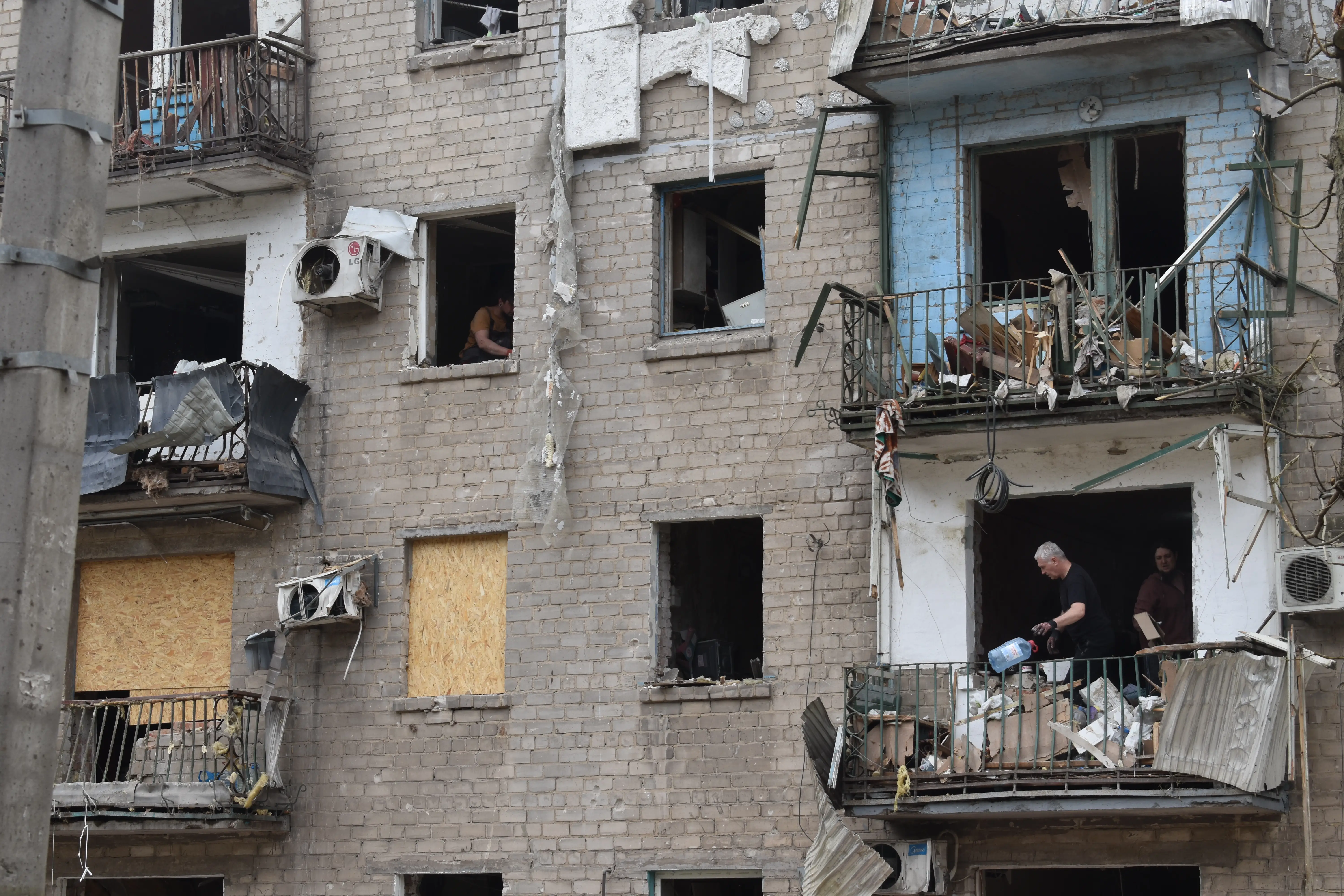 A damaged building Dnipro after a Russian attack.