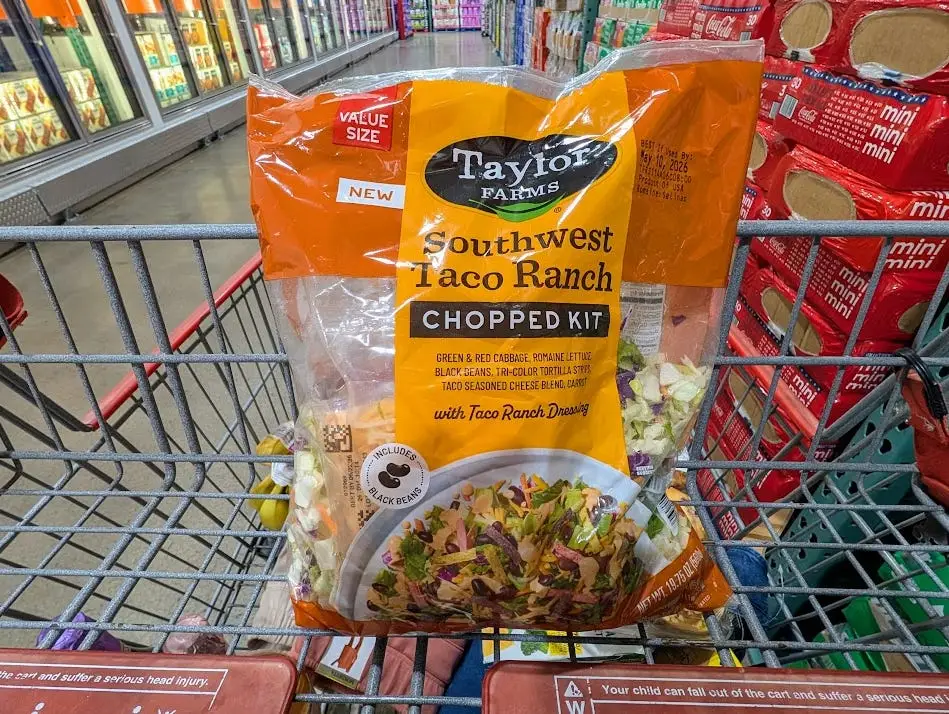 Taylor chopped Southwest Taco Ranch salad in Costco cart