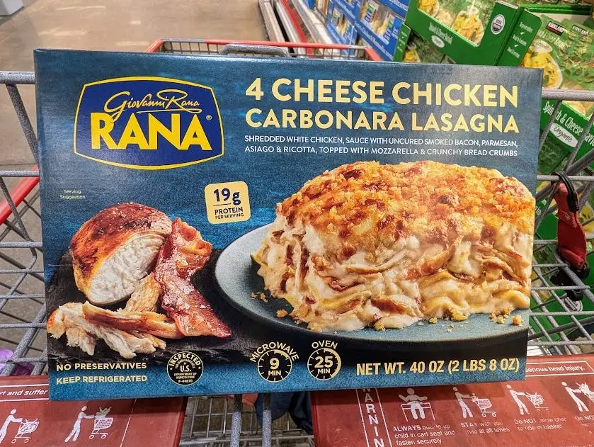 Rana 4-cheese chicken lasagna in in Costco cart