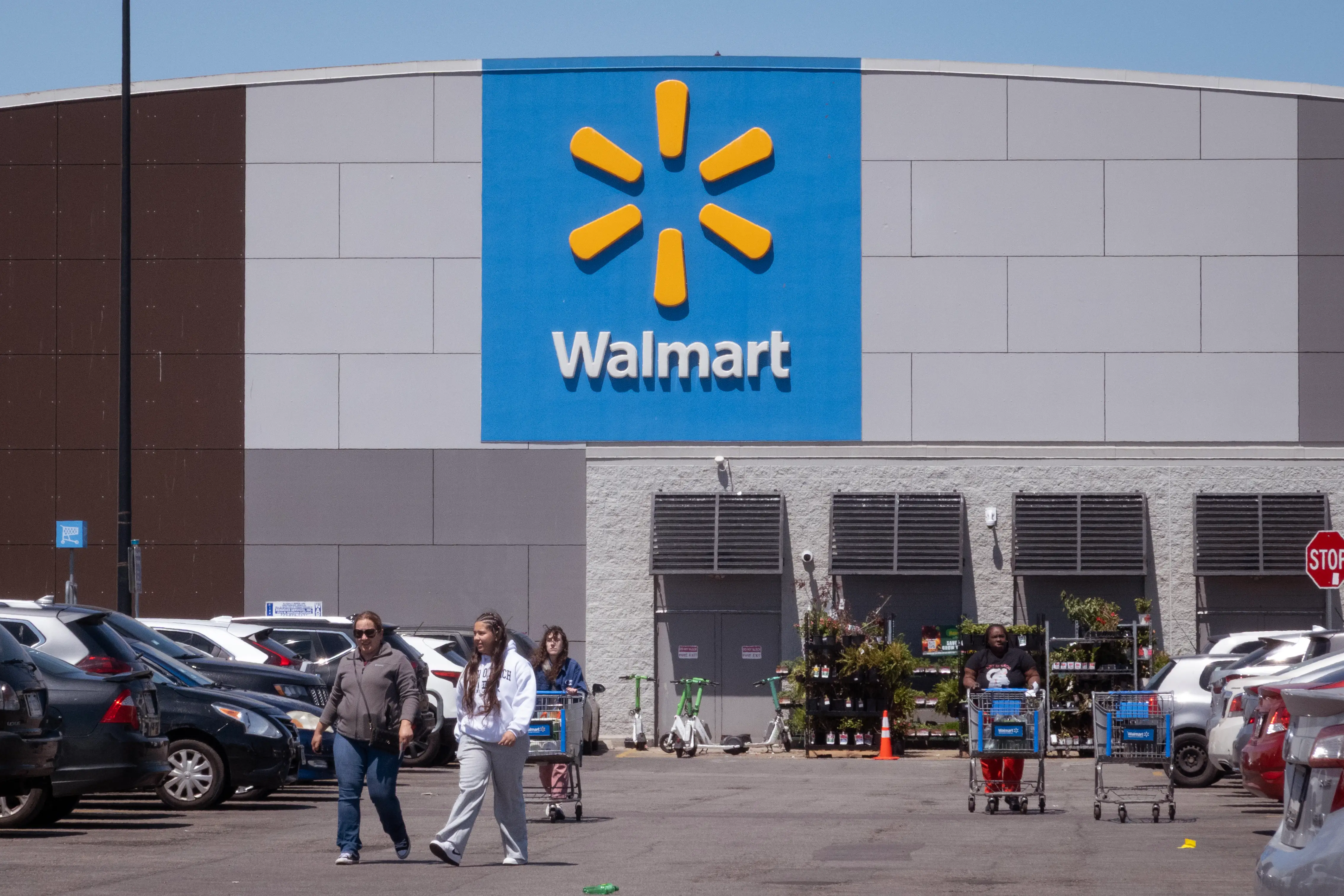 Customers walk in the parking lot of a Walmart store with plants on shelves outside of the main entrance.