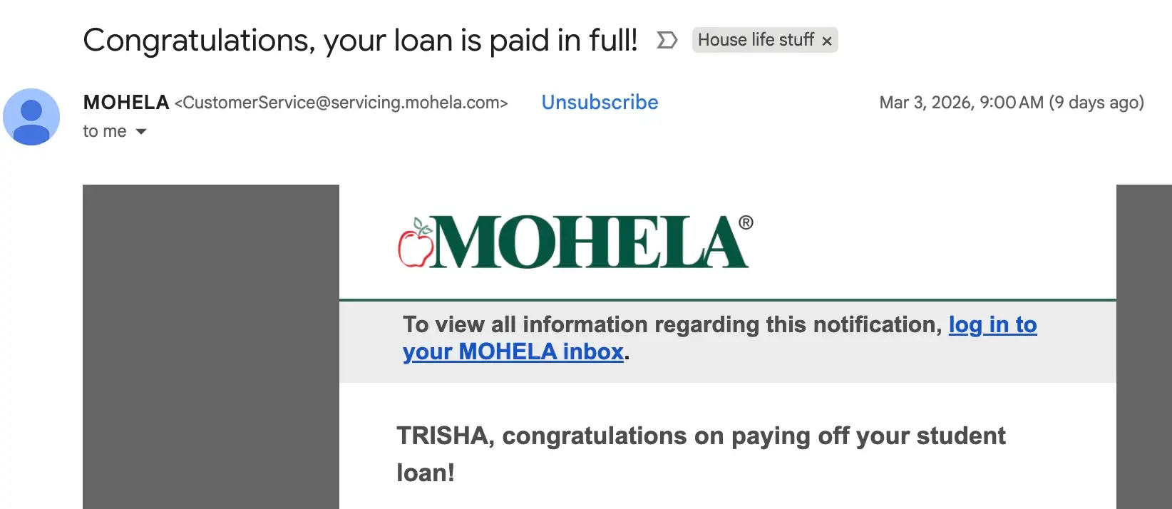 An email showing that a student loan has been paid off.