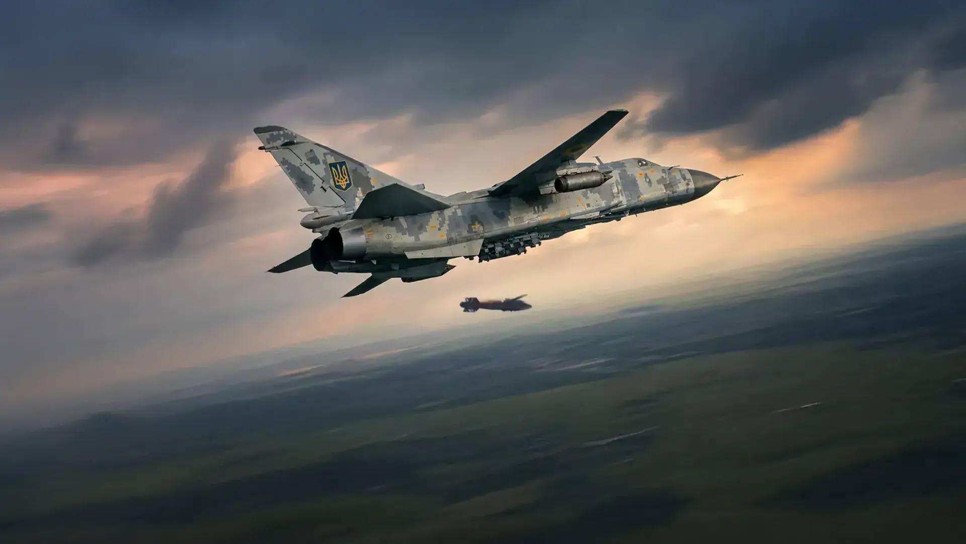 A Ukrainian aircraft drops a bomb while flying.