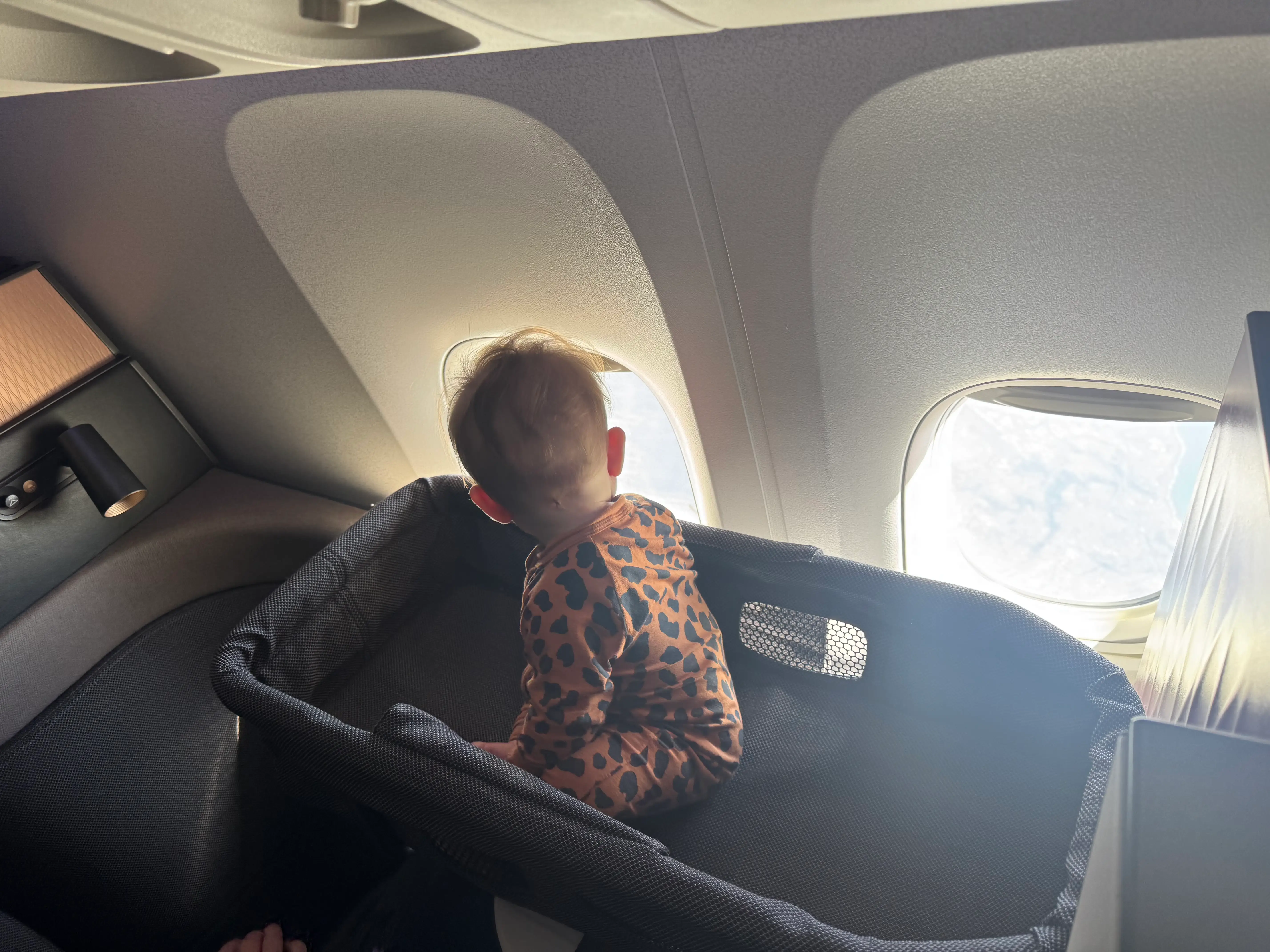 baby in basinett looking outside window in Q Suite