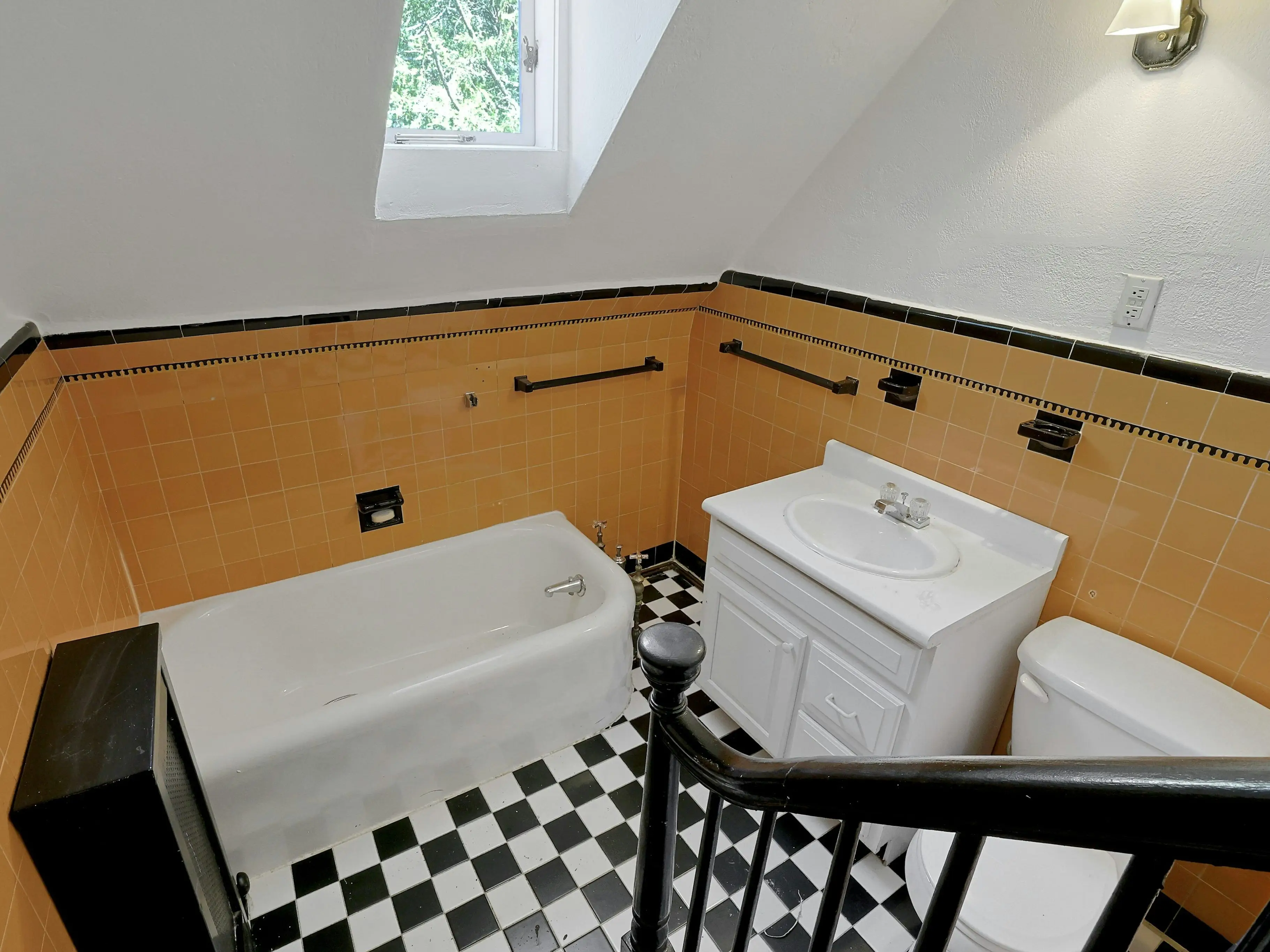 Bathroom with checkered-tile floor