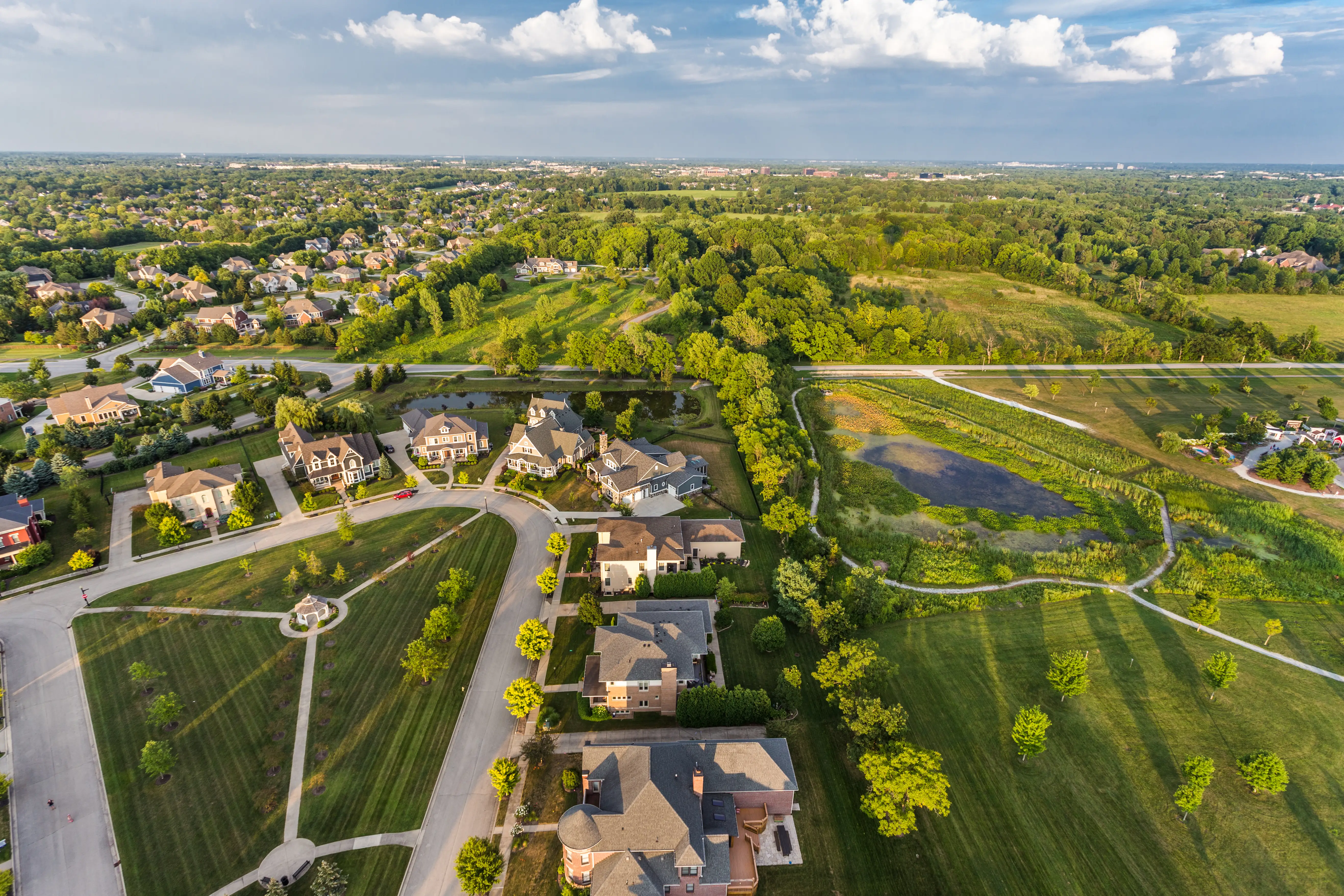 Aerial view of a neighborhood in Carmel, Indiana.