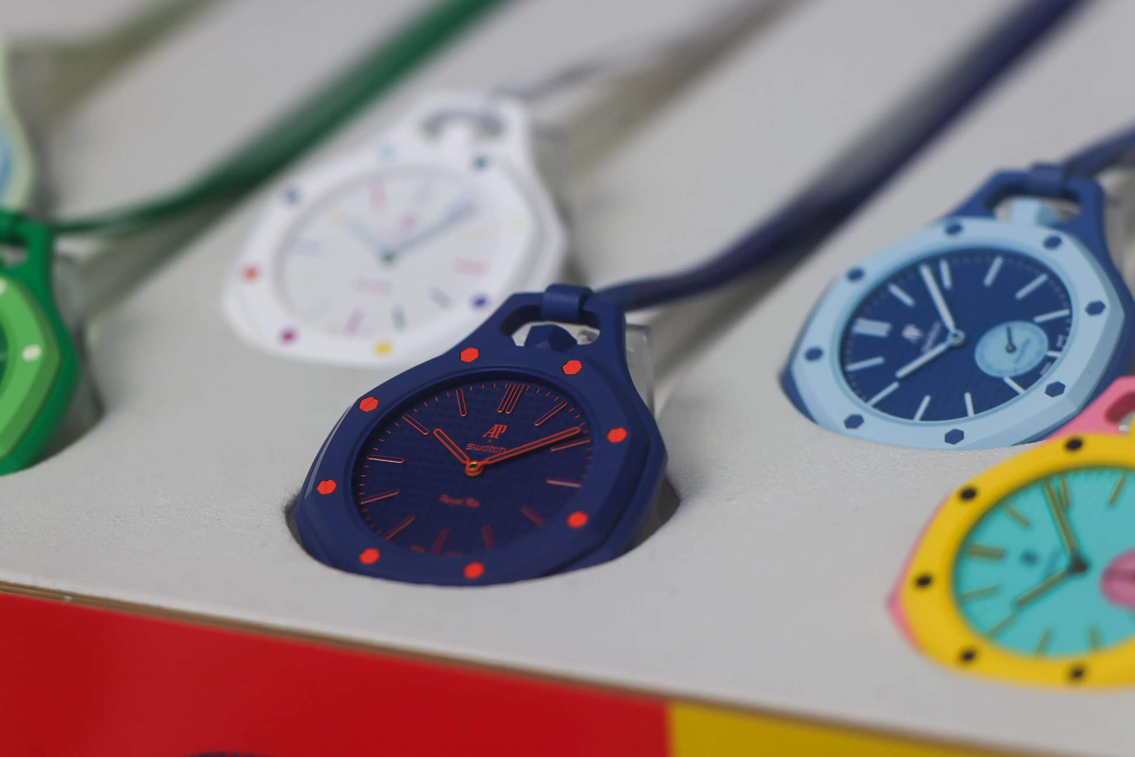 Swatch x Audemars Piguet Royal Pop watches on display at a Swatch Group AG store in Times Square in New York, US, on Thursday, May 14, 2026.