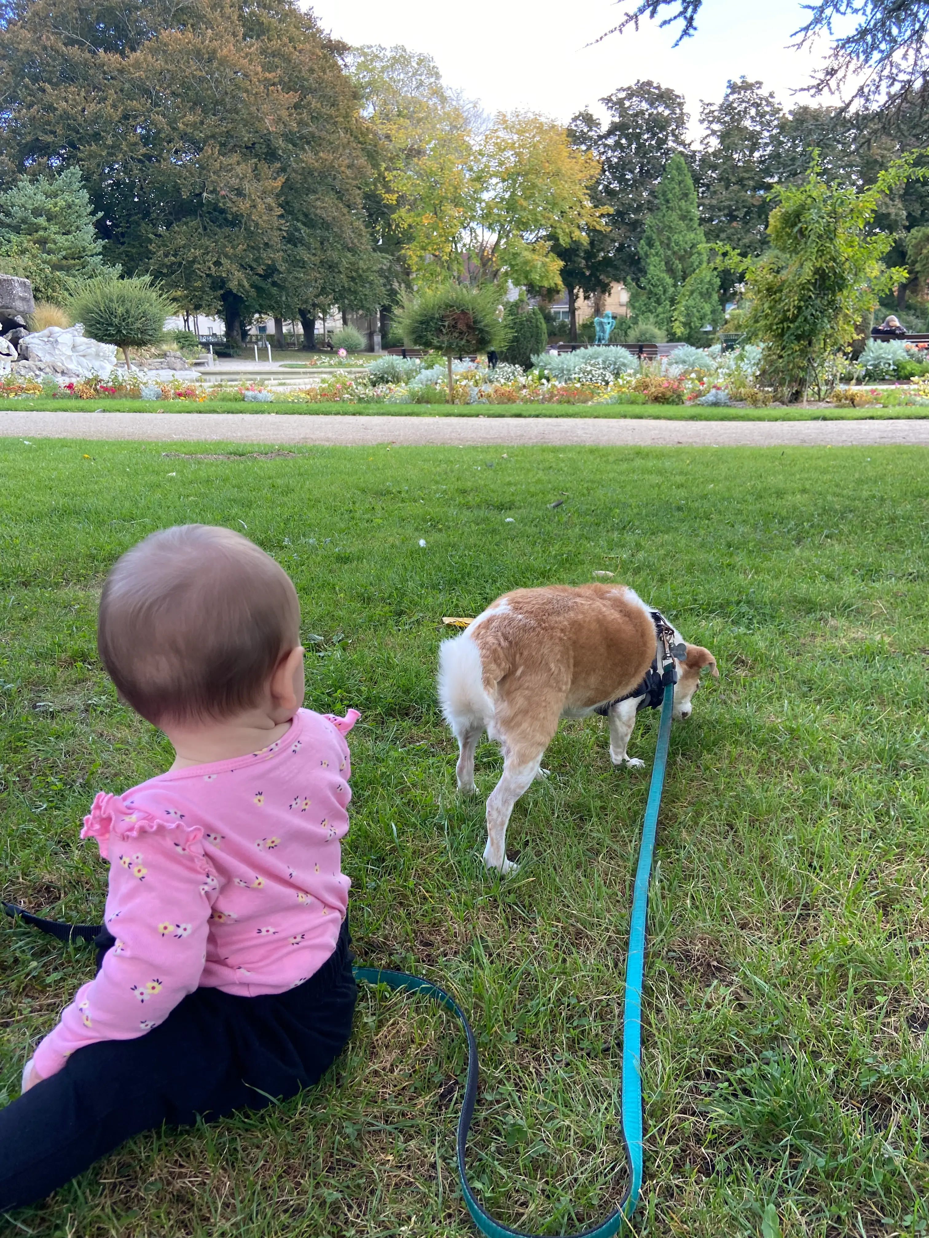 the author's dog and daughter in a park in Orleans, France