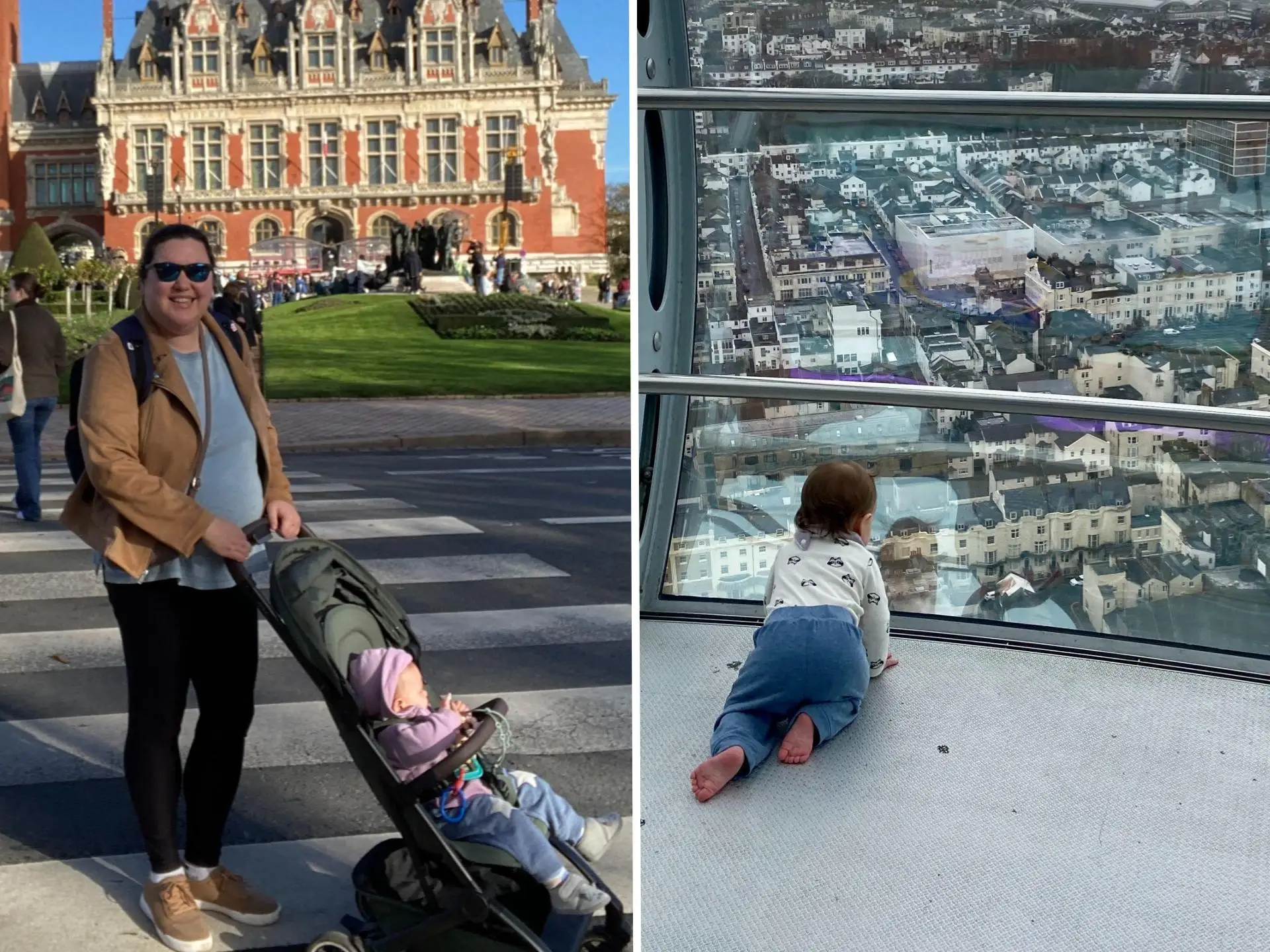 composite photo, on the right the author and her daughter are in France, and on the left the author's daughter is looking out over a window in Brighton, UK.