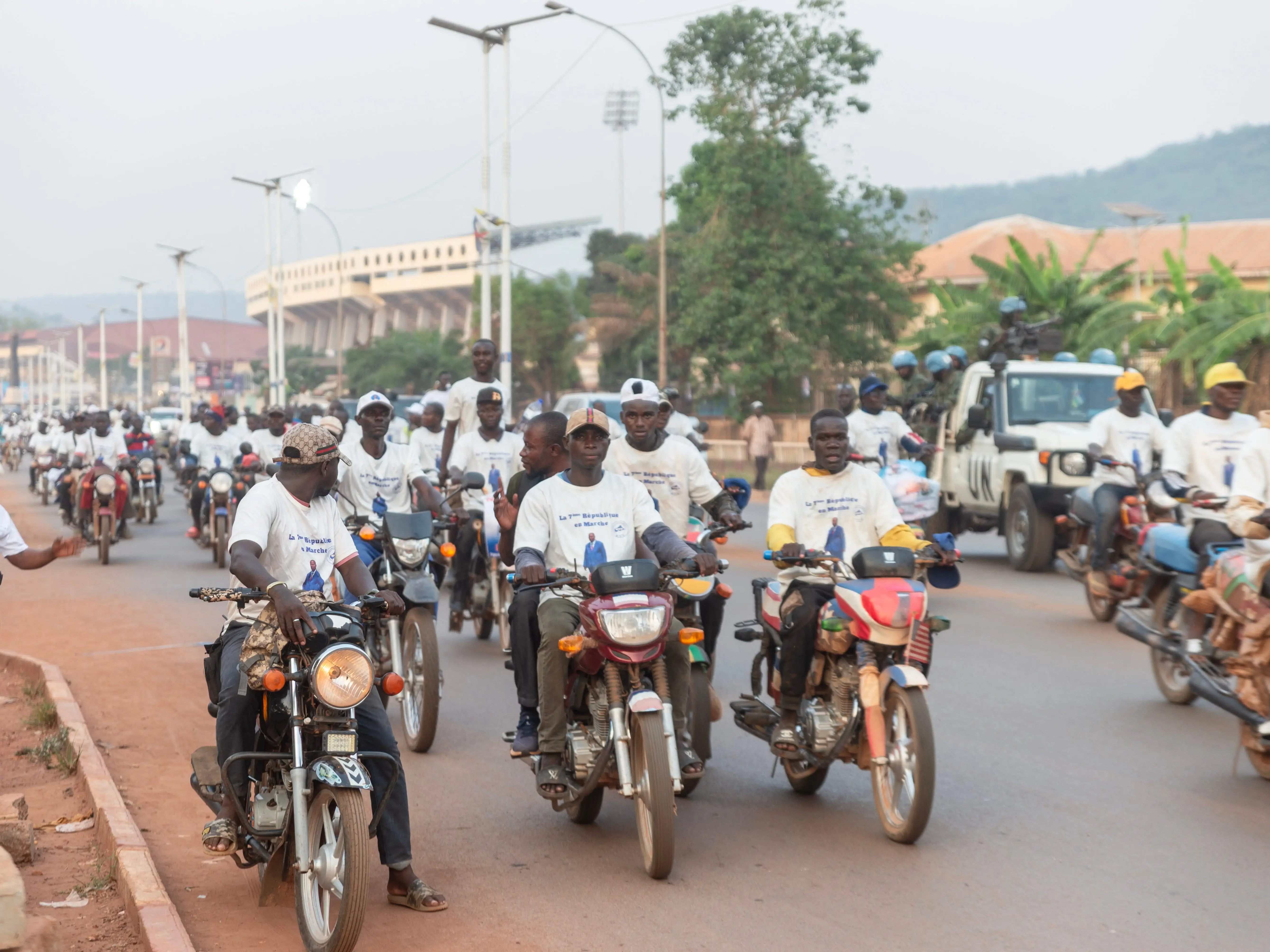 People rode motorcycles in Bangui, Central African Republic.