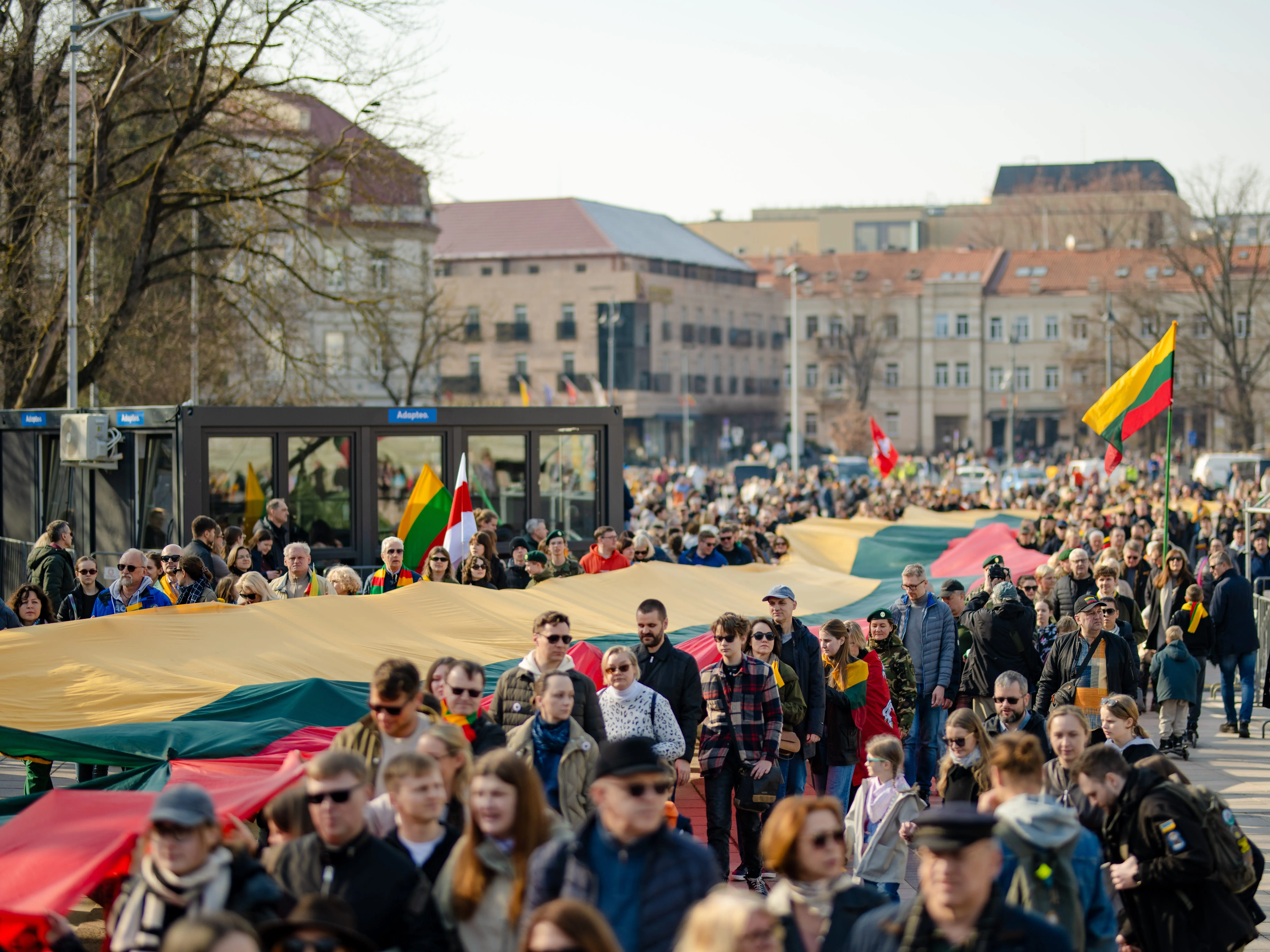 Crowd with national flags in Vilnius, Lithuania.