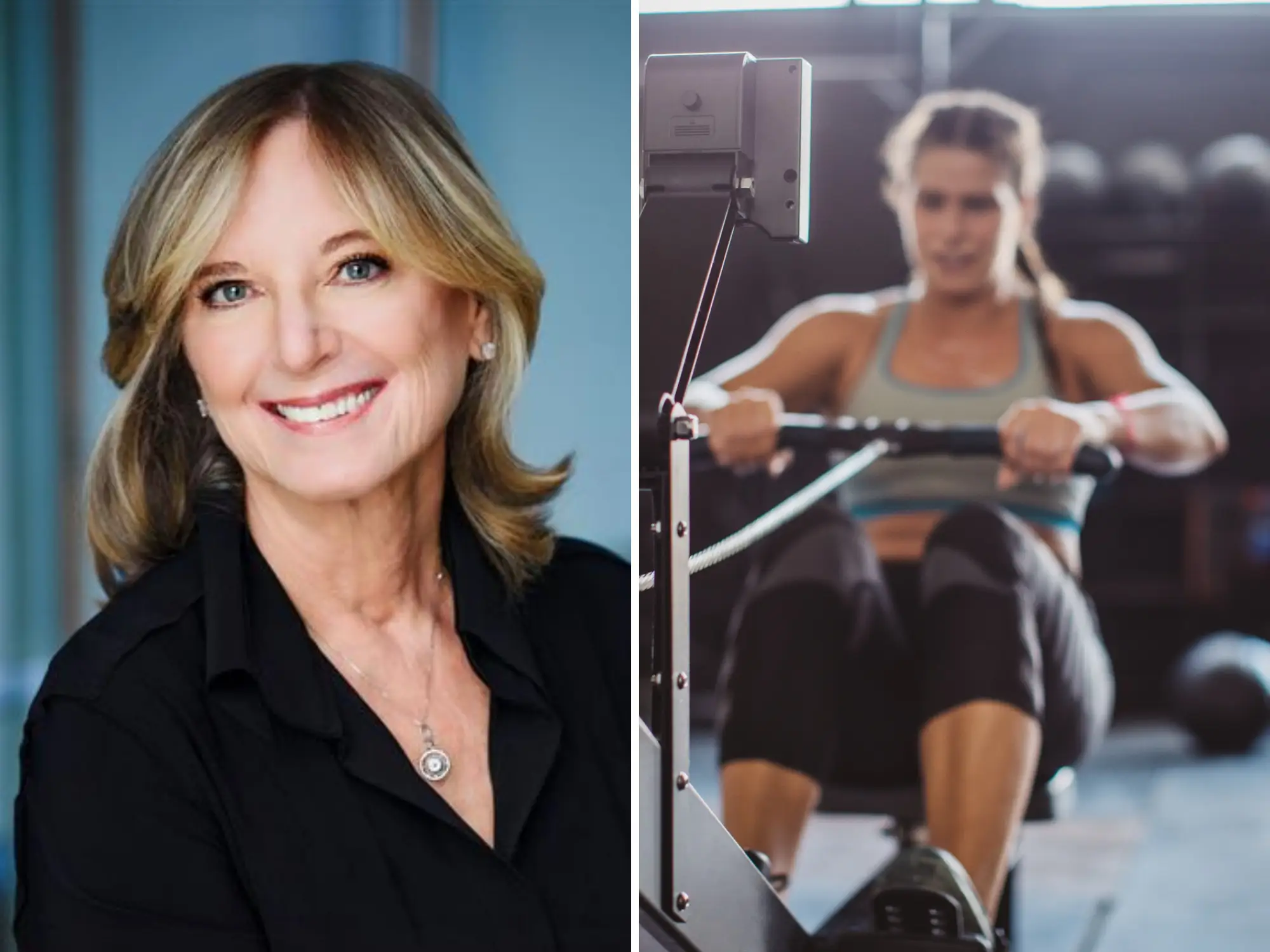 a portrait headshot of Dr Florence Comite next to woman training on a rowing machine