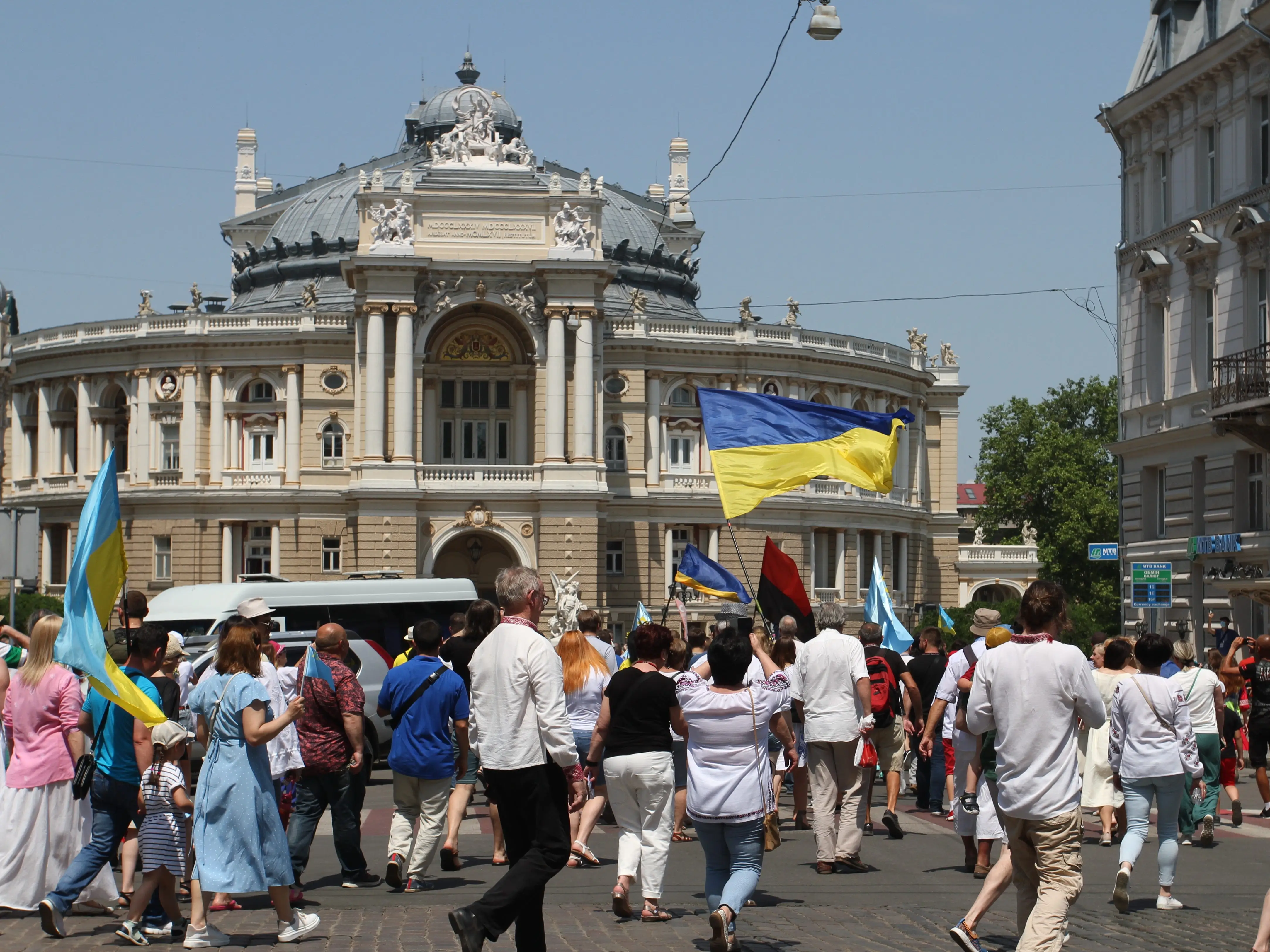 Crowd with national flags in Odessa, Ukraine.
