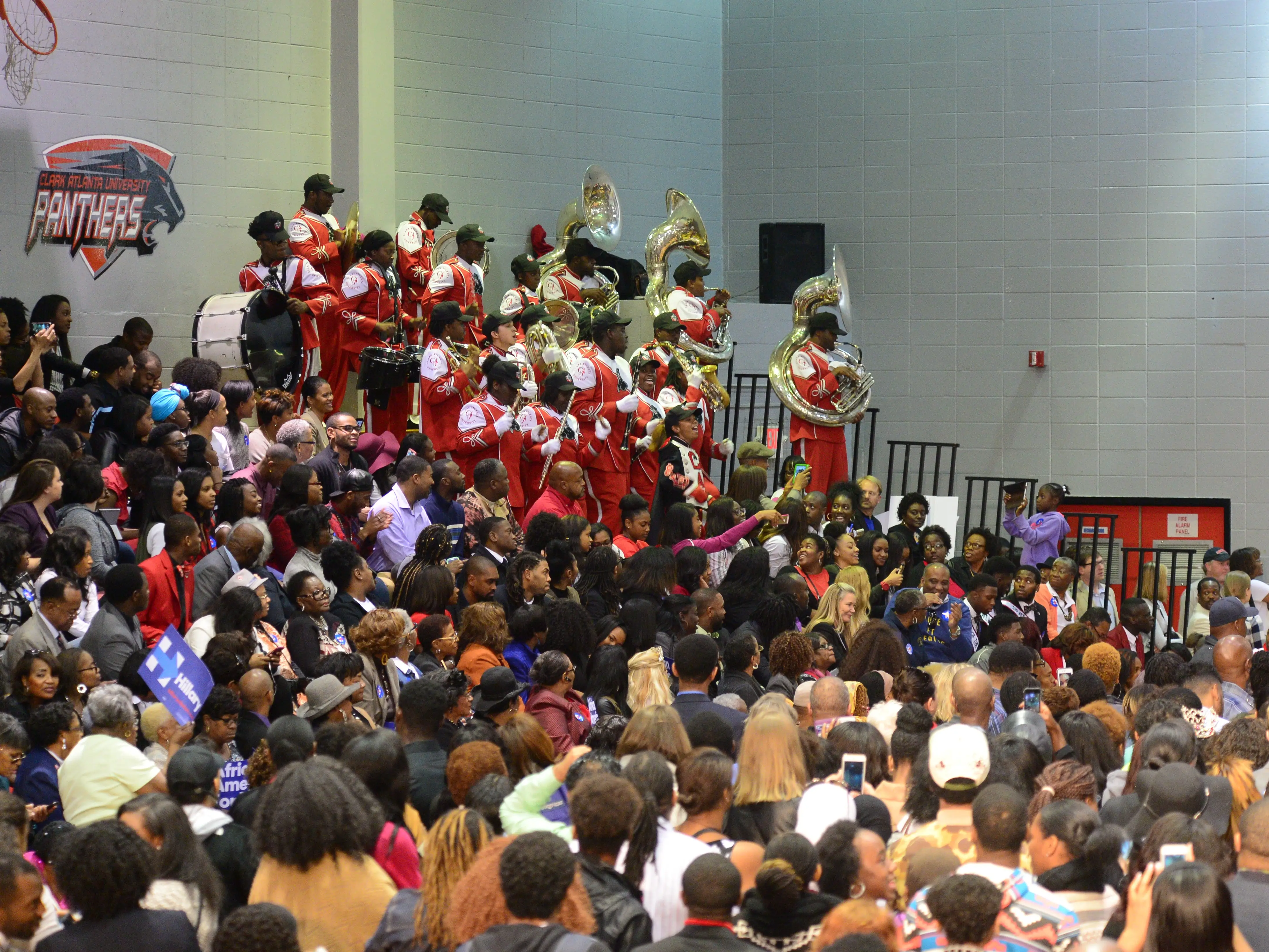 Supporters of Democratic Presidential candidate Hillary Clinton attend the African Americans For Hillary Grassroots Organizing Meeting With Hillary Clinton at Clark Atlanta University Gymnasium on October 30, 2015 in Atlanta, Georgia.