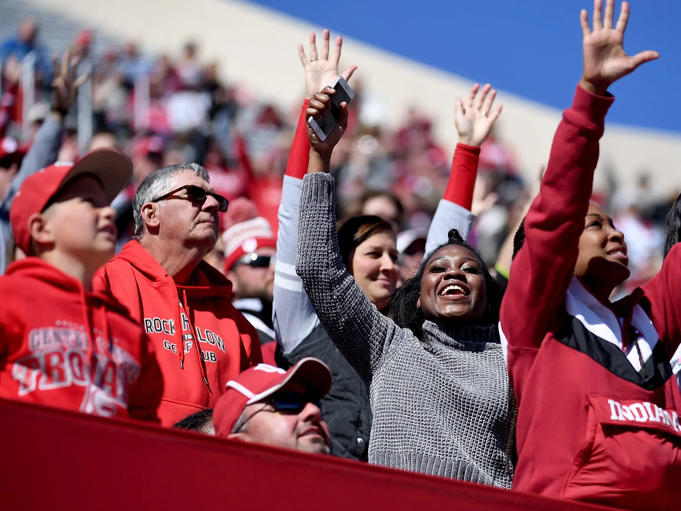Indiana Hoosiers fans celebrate during the game at Memorial Stadium on October 12, 2019 in Bloomington, Indiana.