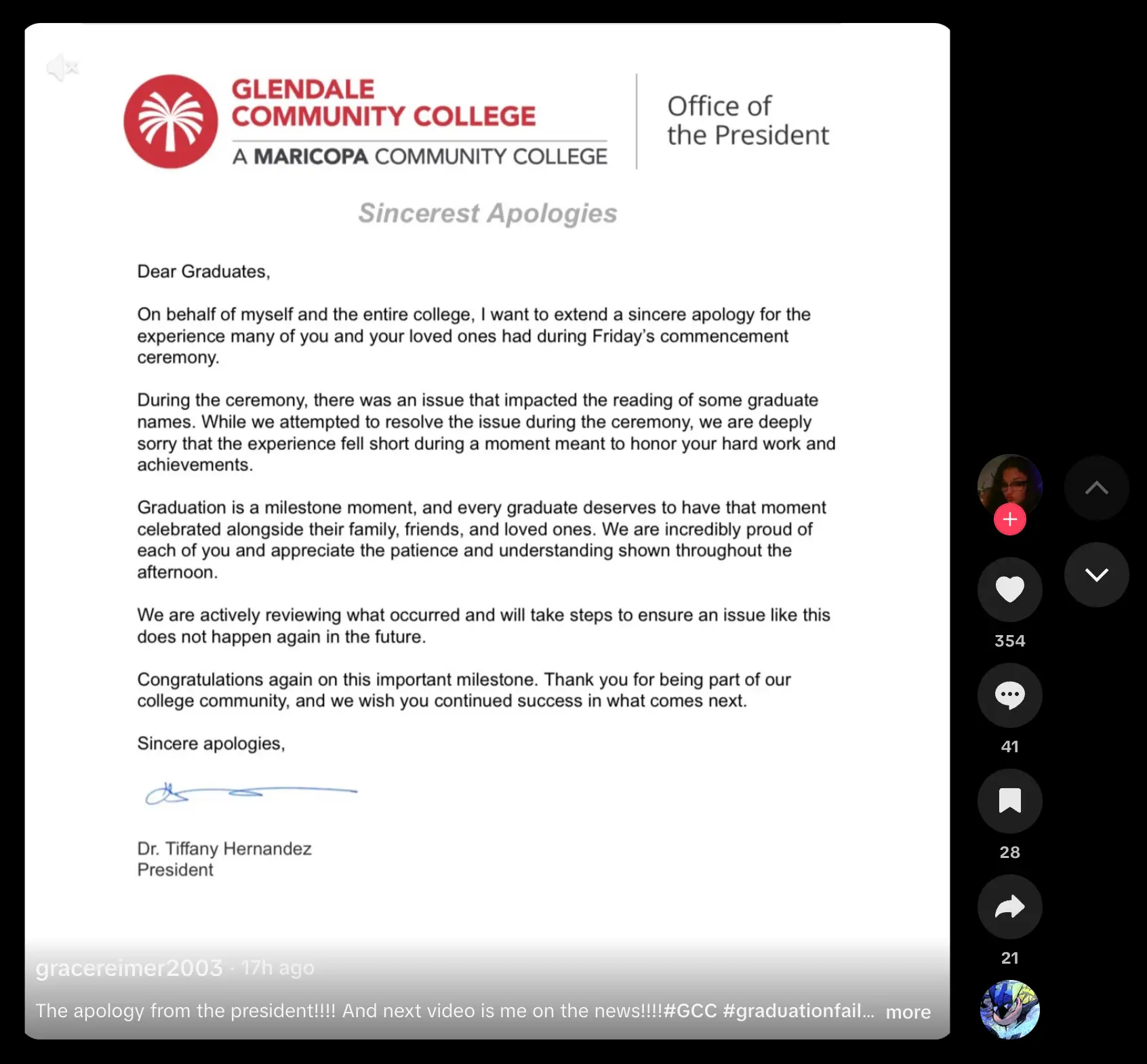A screenshot of the apology letter sent from Glendale Community College President Tiffany Hernandez.