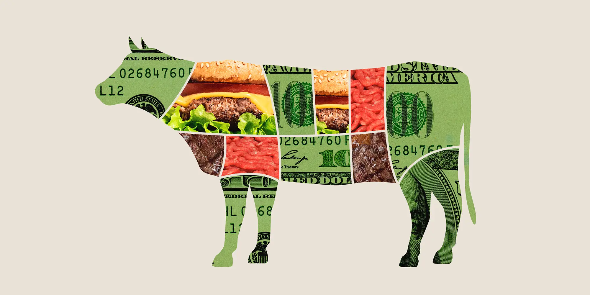 Collage of beef cuts with money, burger, ground burger, and a cooked steak.
