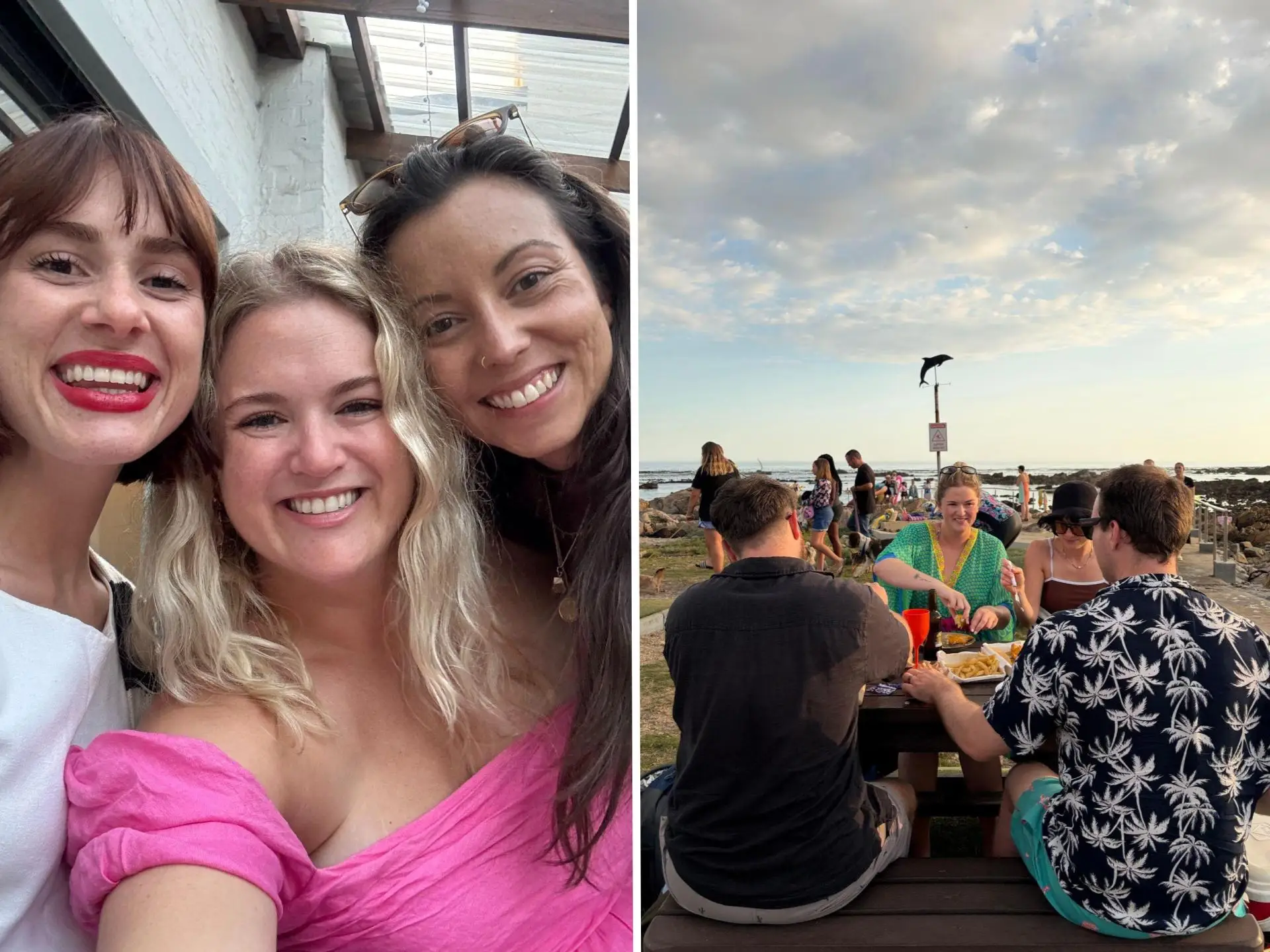 Composite image, on the left is the author (middle) with two friends, on the right is the author (middle) sitting at a picnic table with friends.