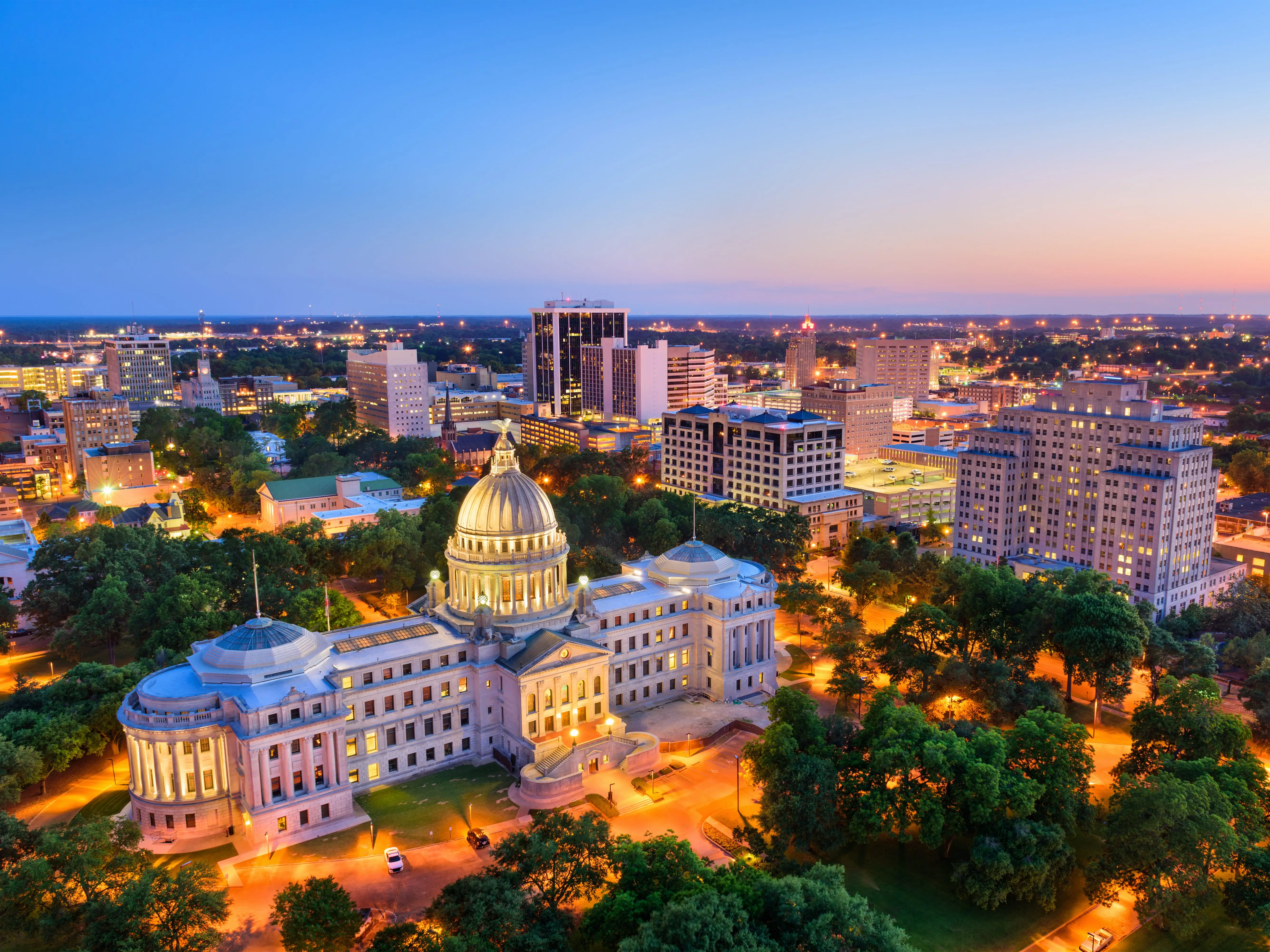 Jackson, Mississippi, USA skyline over the Capitol Building.