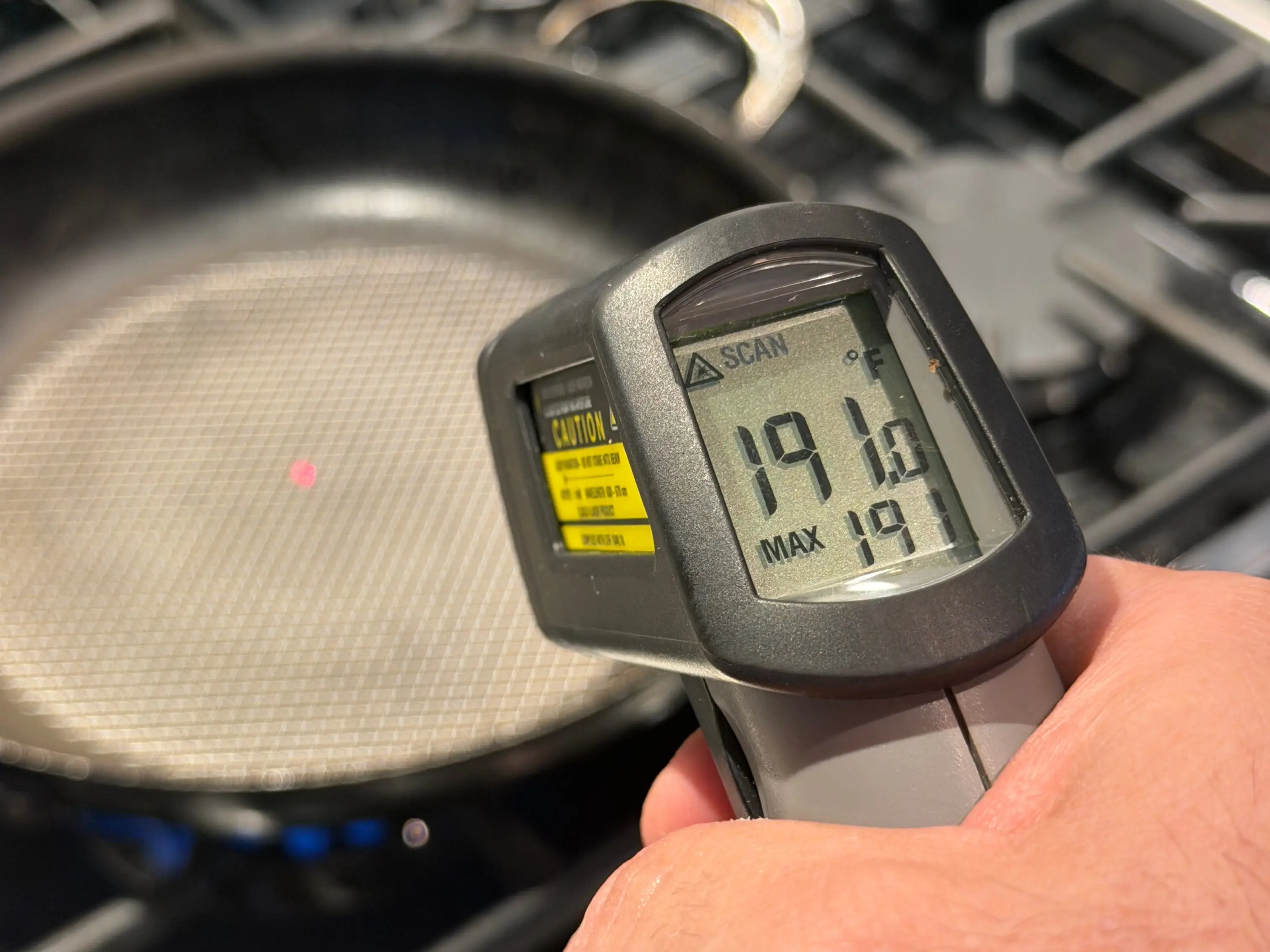 thermometer pointed at pan