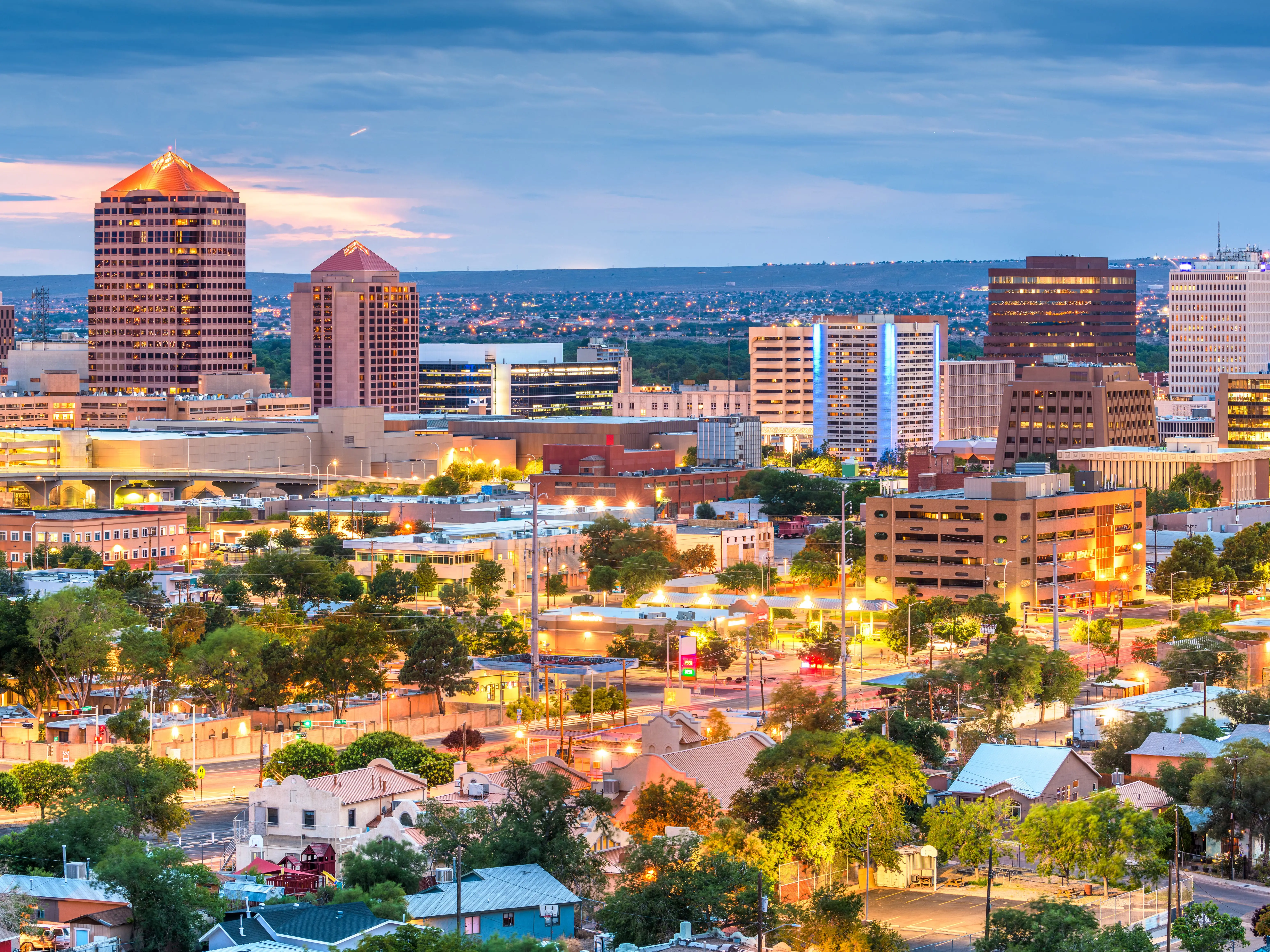 Albuquerque, New Mexico, USA downtown cityscape at twilight.