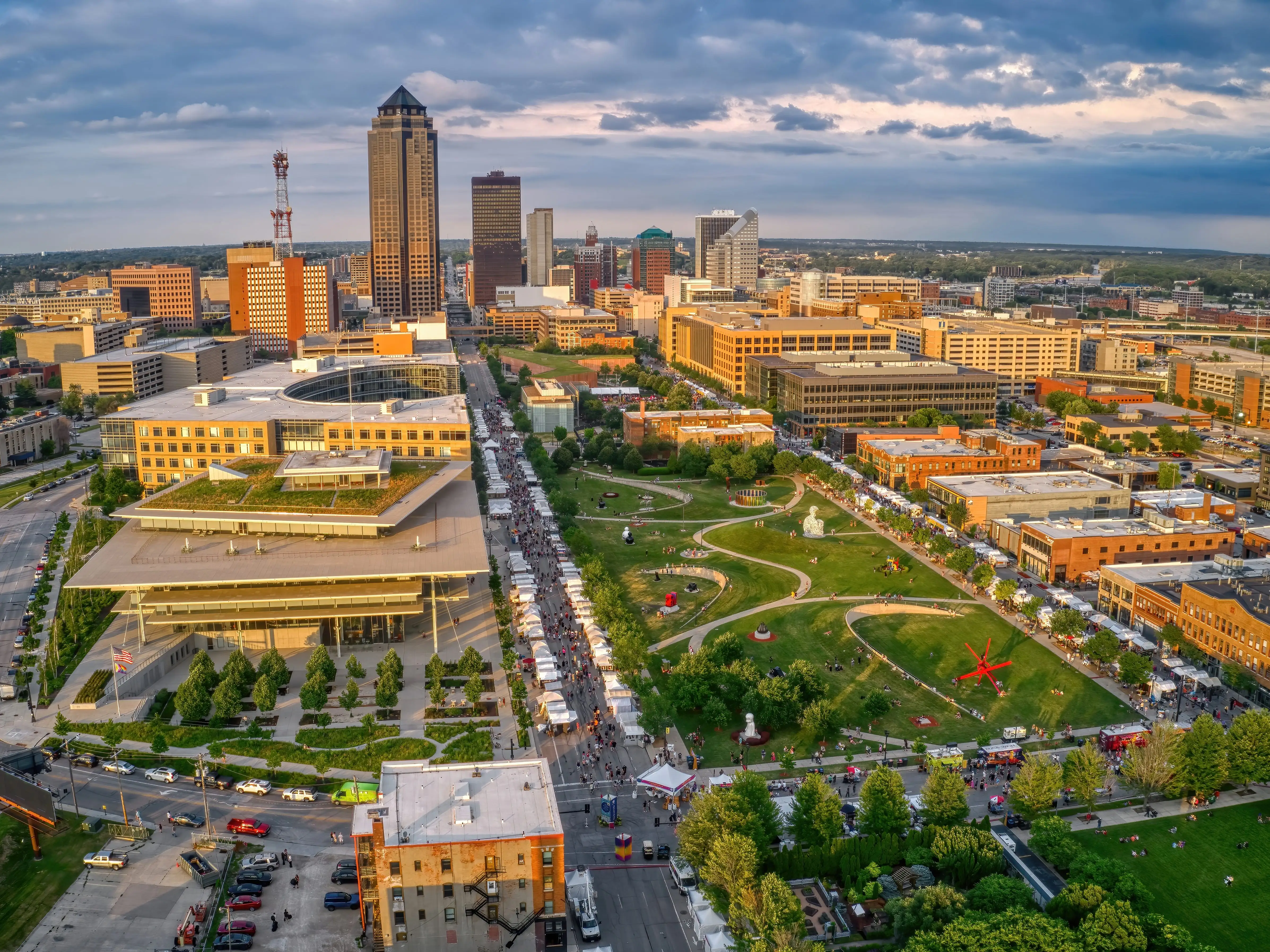 Aerial View of the Des Moine, Iowa Skyline facing West