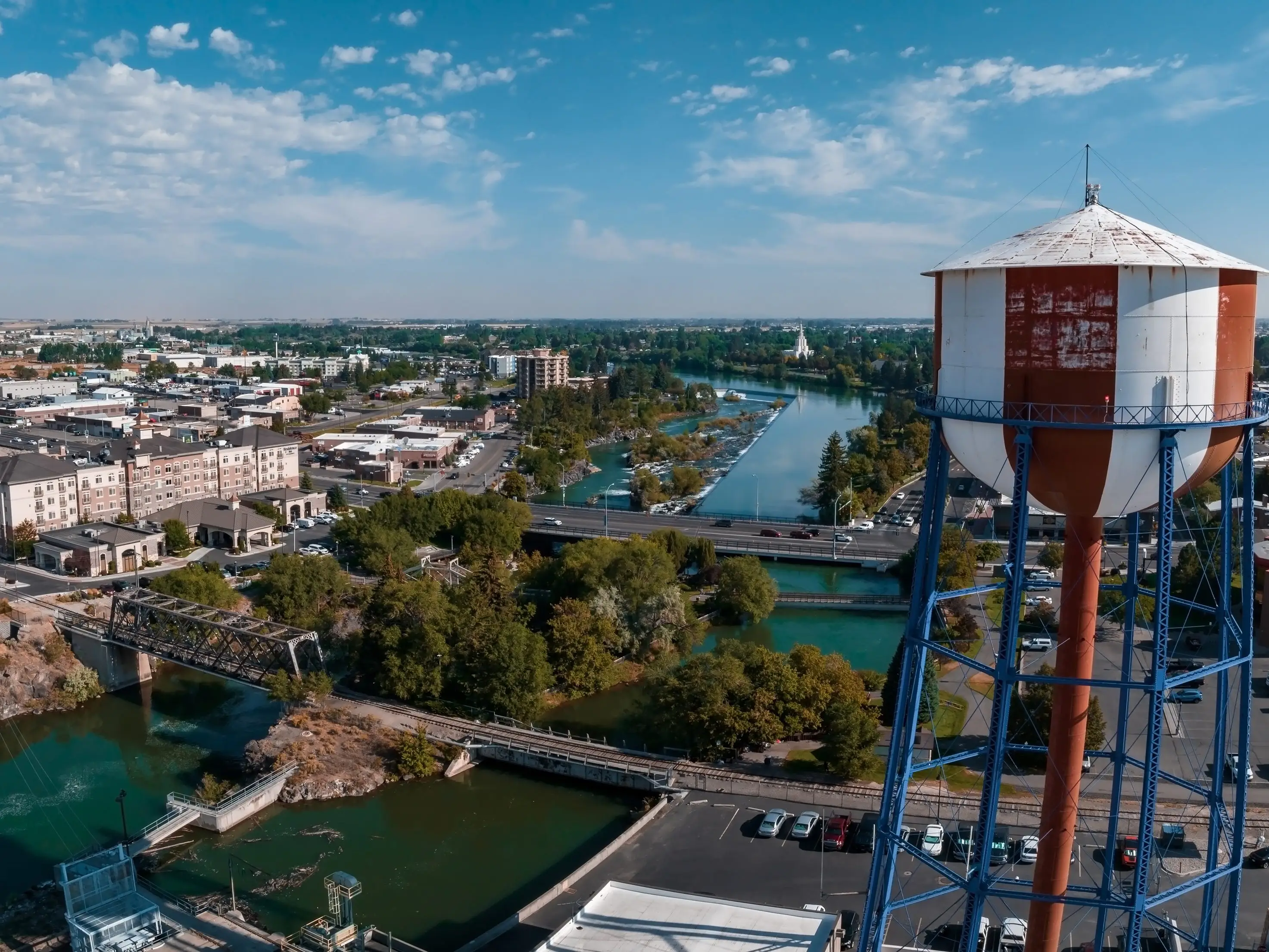 Aerial panoramic view of the waterfall in city of Idaho Falls, ID, USA.