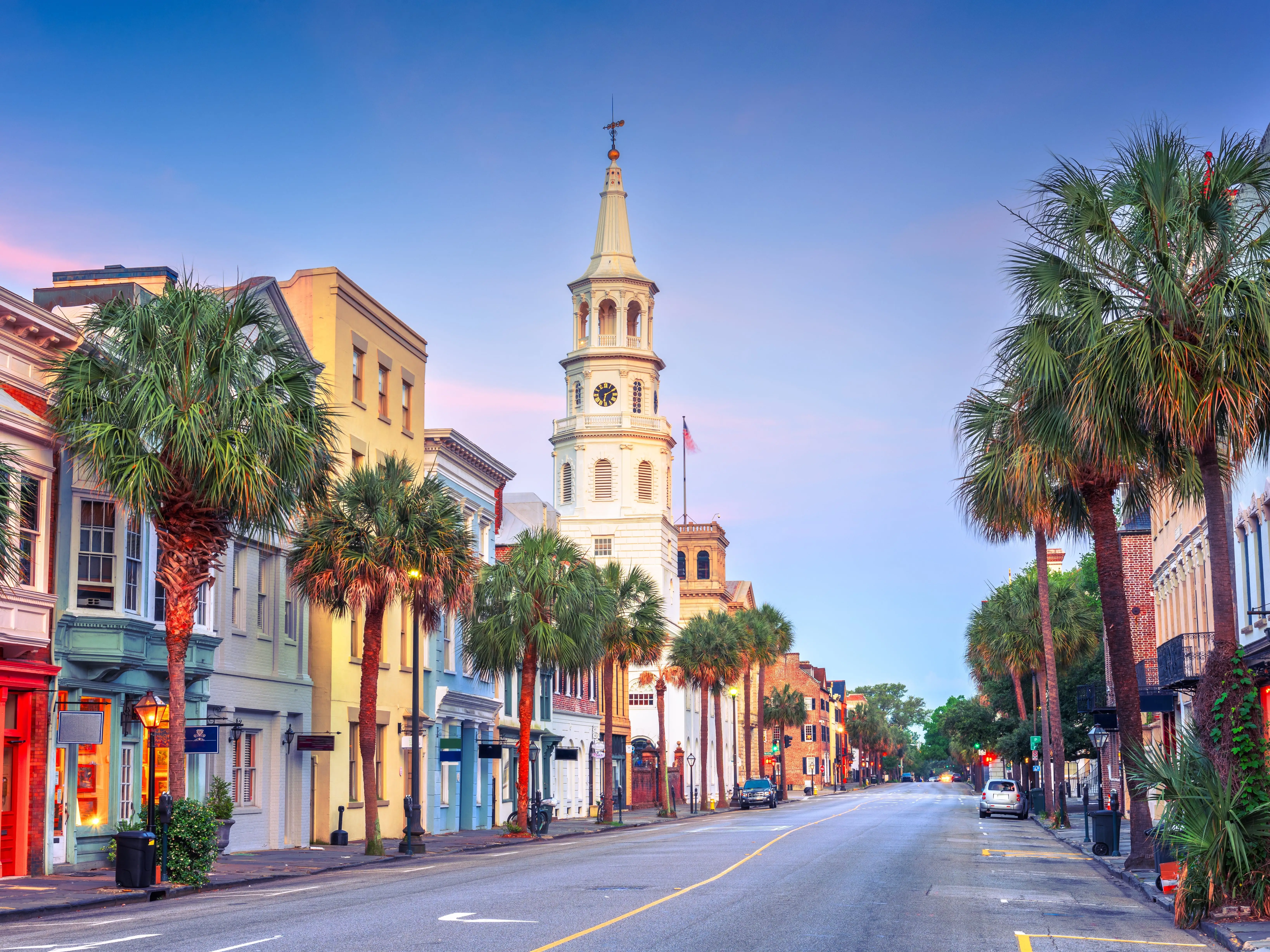 Charleston, South Carolina, USA cityscape in the historic district at twilight.