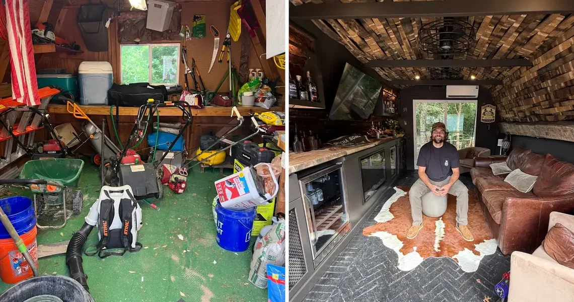 A man spent $3,000 transforming his old tool shed into an impressive man cave that doubles as a whiskey and cigar lounge