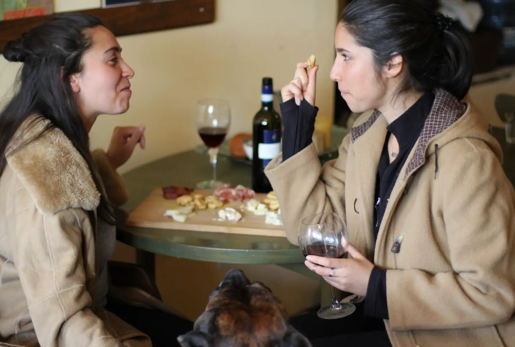 The writer drinking wine and eating charcuterie with a friend in Toronto, with a dog nearby.