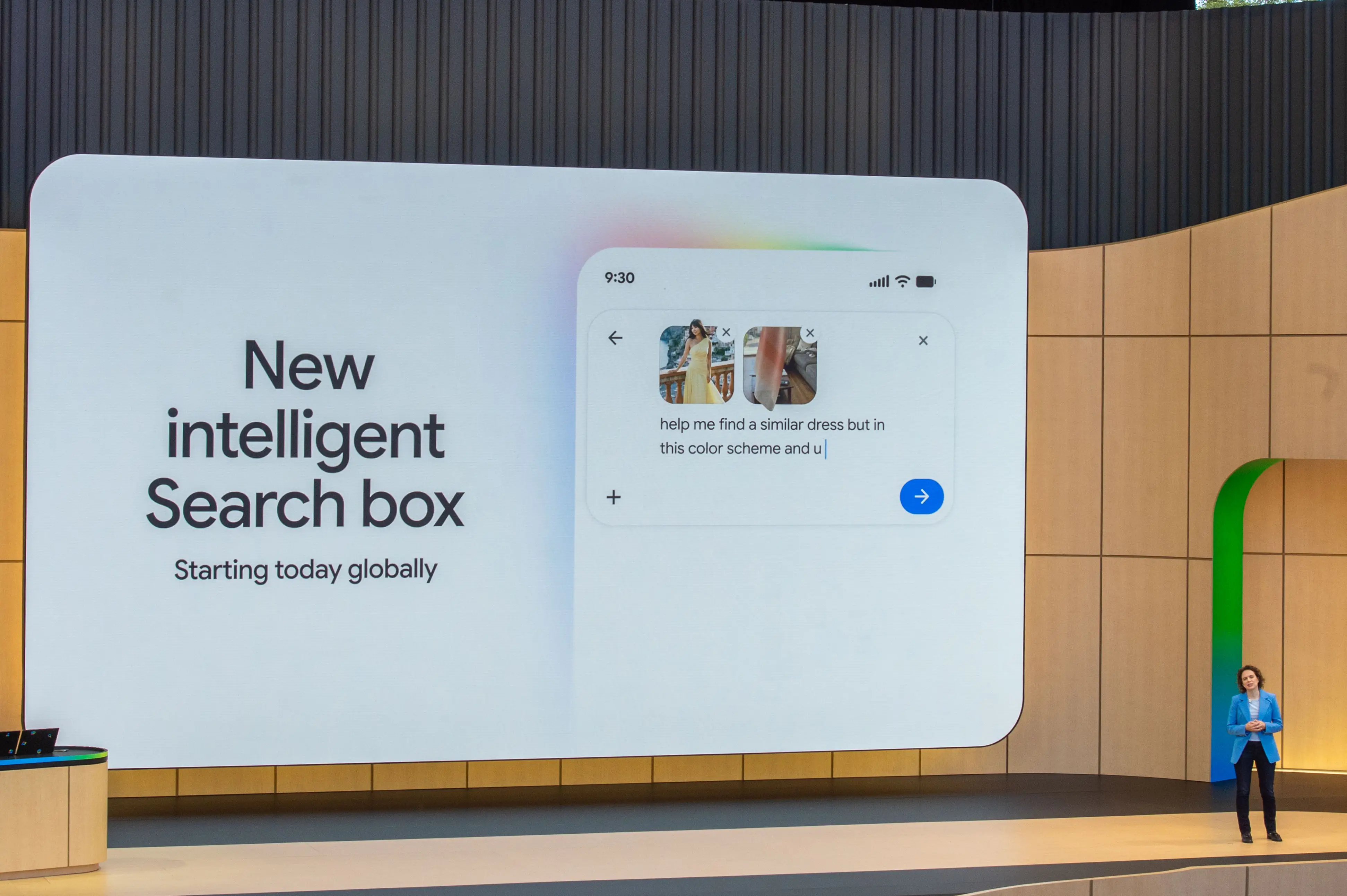 Google's new intelligent Search box is displayed on a screen at a presentation