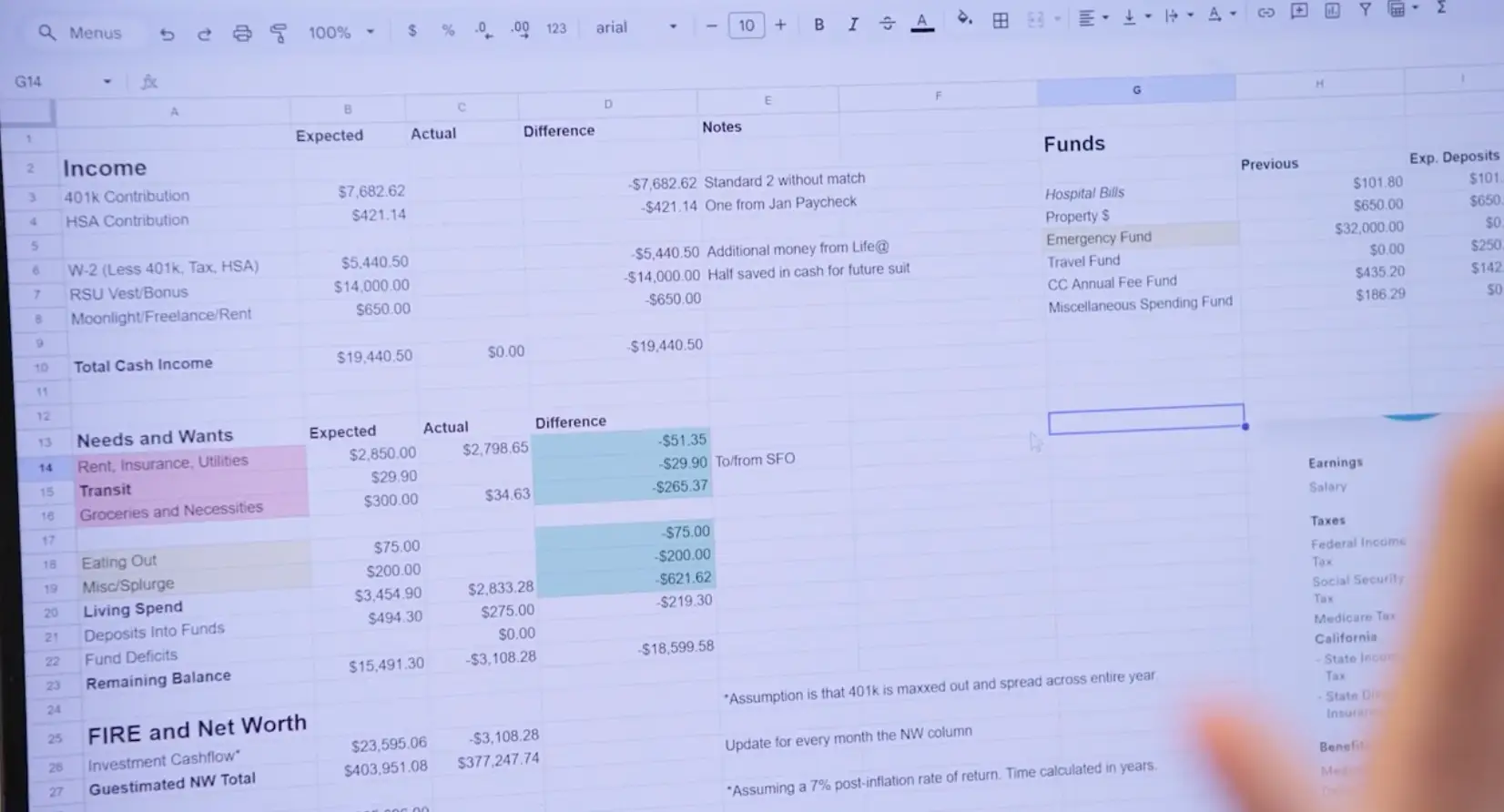 Spreadsheet showing Zeng's financial tracking.
