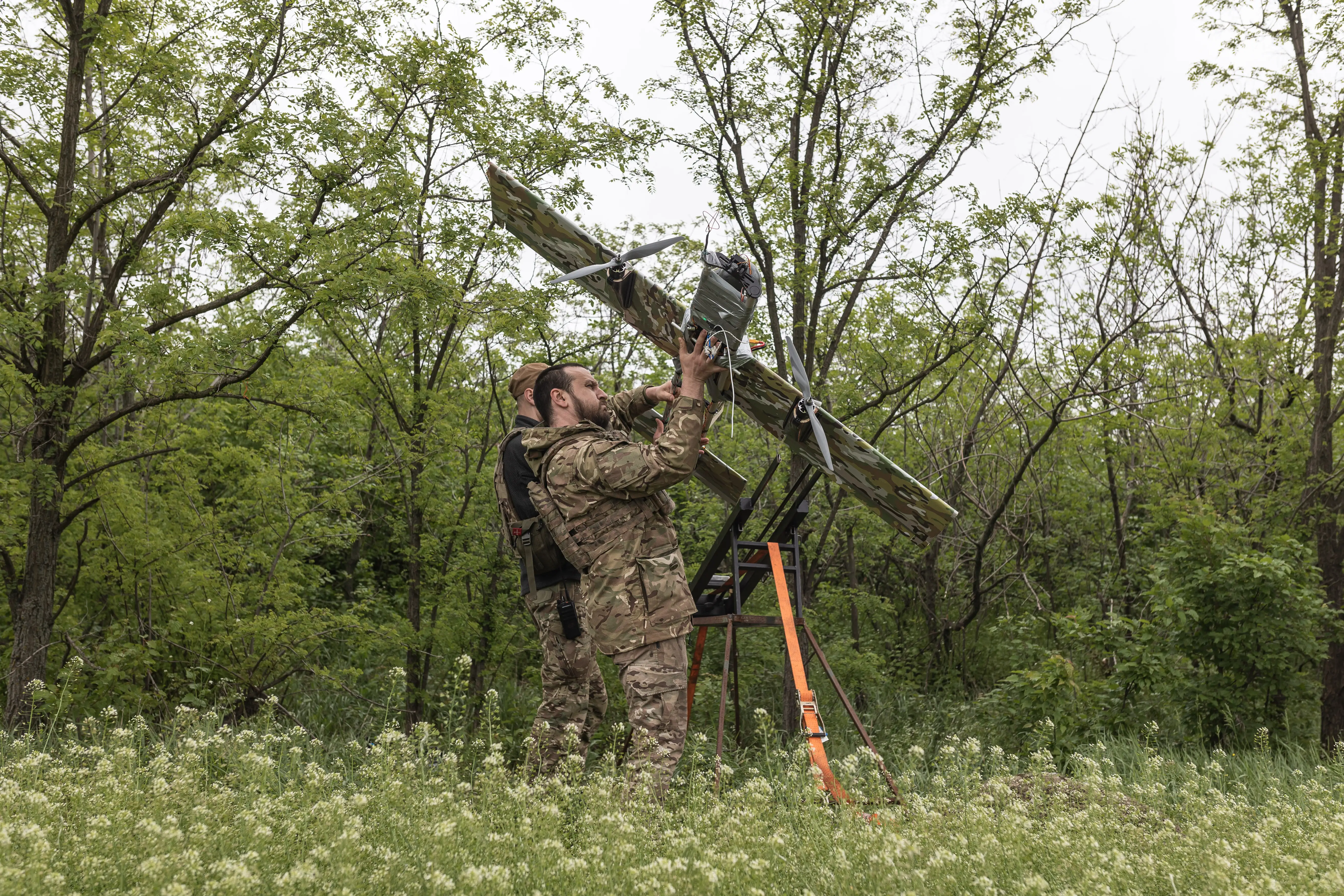 A Ukrainian soldier prepares the Bliskavka attack drone to strike Russian positions in the direction of Kostiantynivka, Donetsk Oblast, Ukraine, on May 15, 2026.