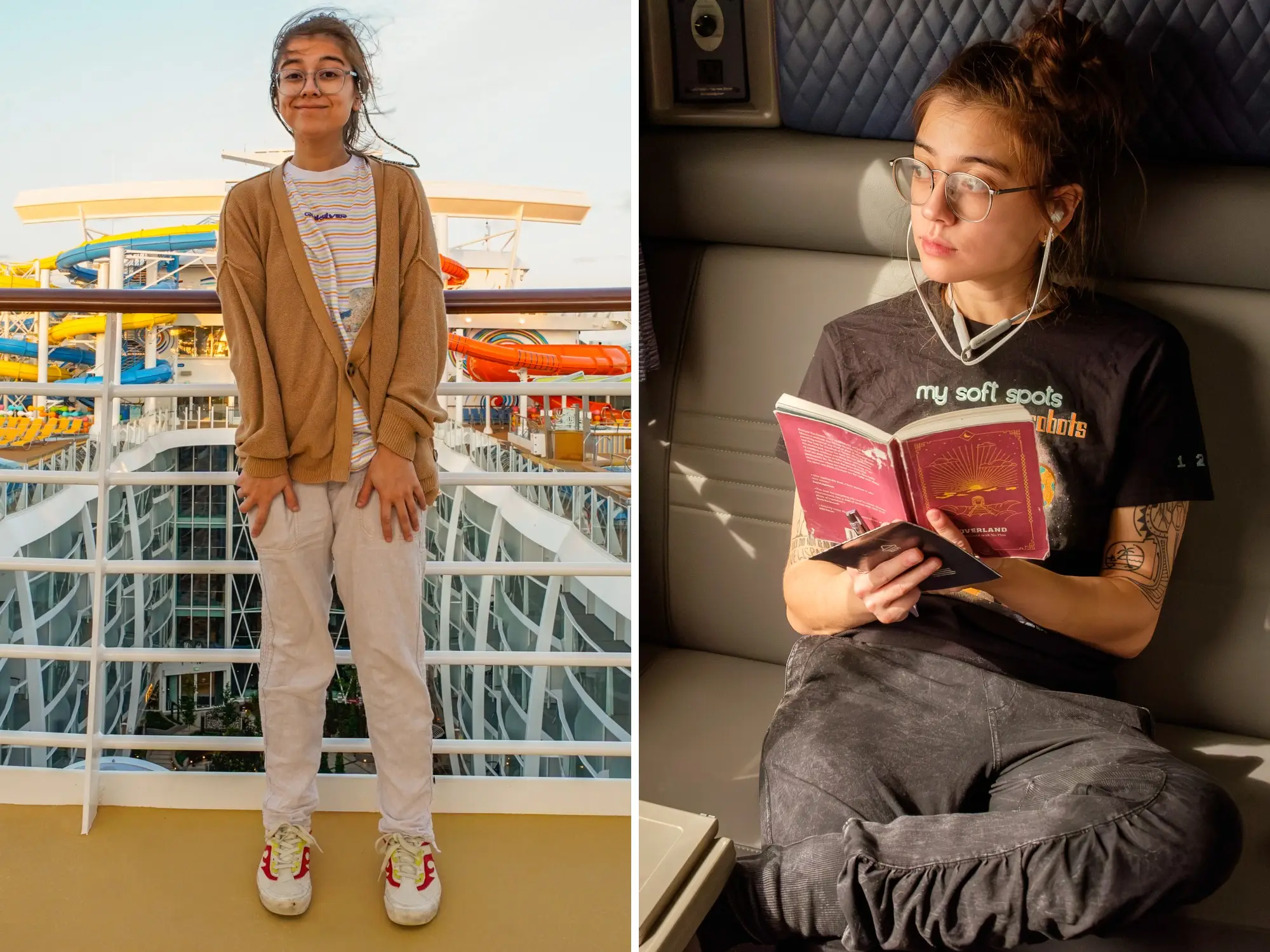 A composite image of the author standing on a cruise ship and sitting on a train
