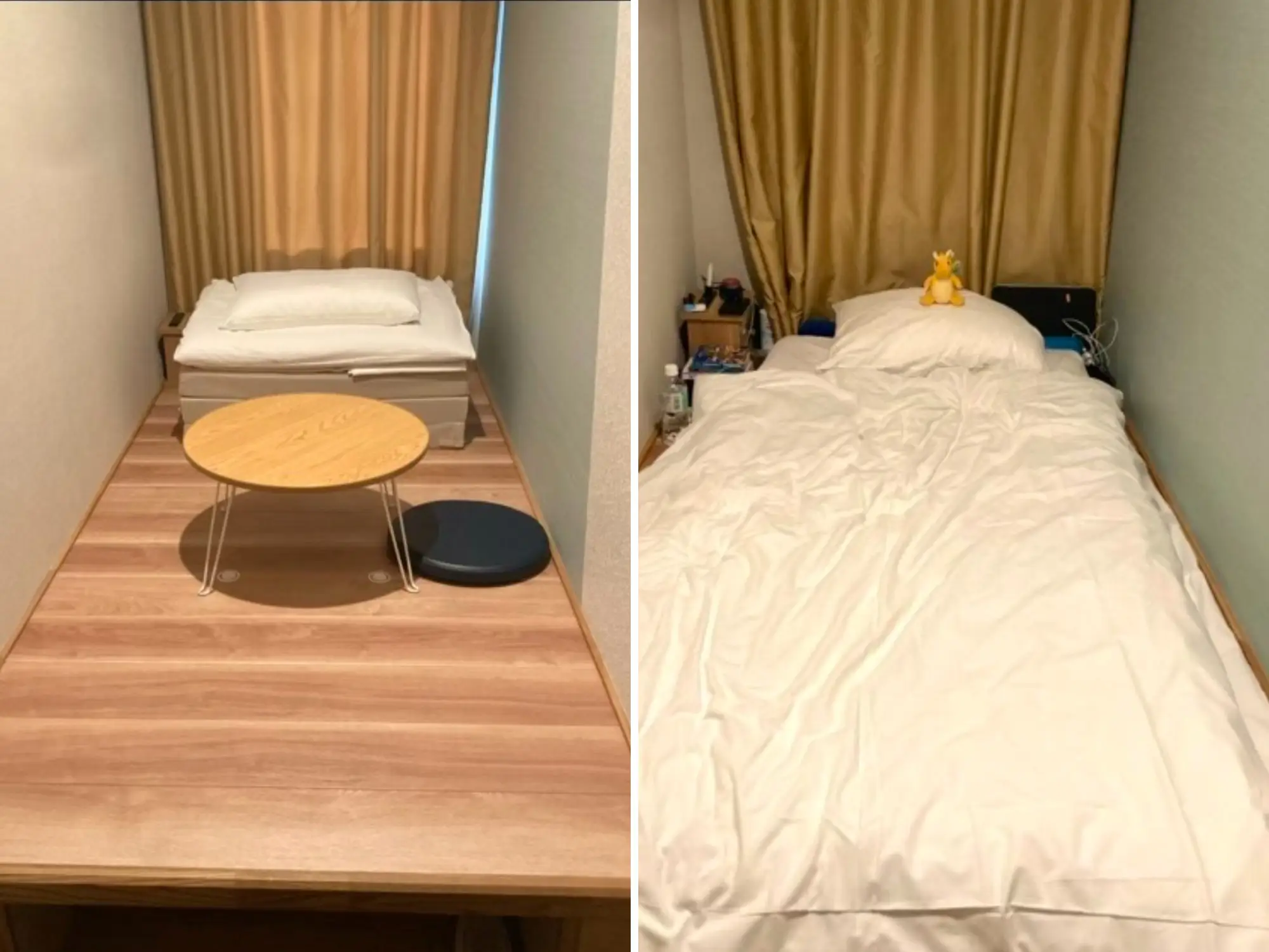 Composite of folded up mattress and small table in front of curtain next to image of bed set up in front of curtain