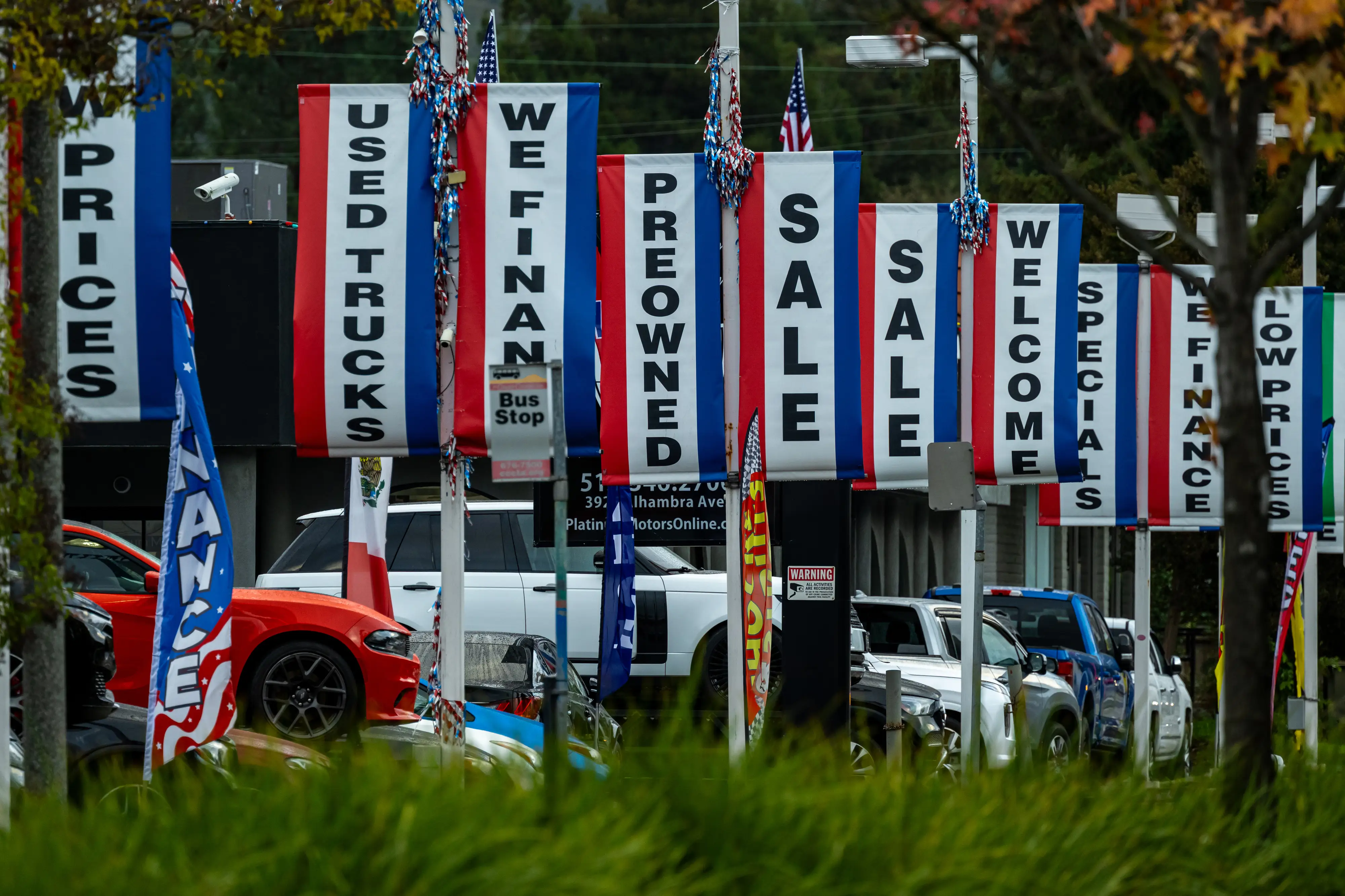 A row of lights, each decorated with vertical banners, lines a car dealership lot.